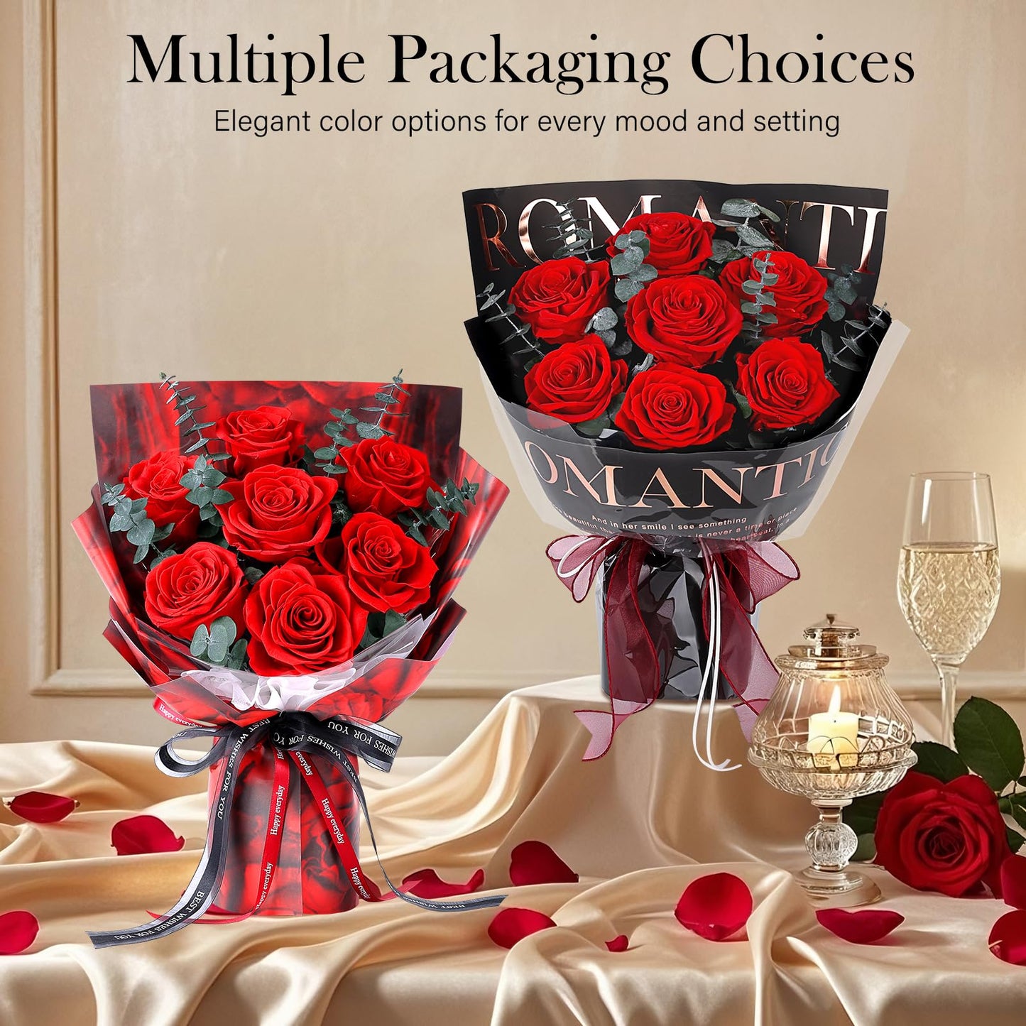 Preserved Flowers Bouquet 7 Roses - Red Real Rose & Flowers for Delivery, Eternal Roses Bouquet with Gift Box, Mothers Day Gifts for Mom Grandma Wife, Anniversary Birthday Gifts for Women, Black