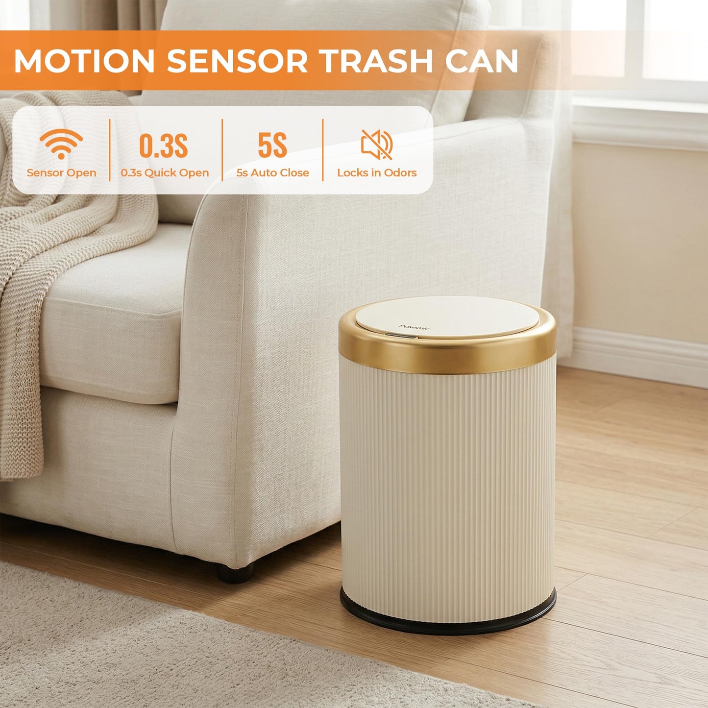 Pukomc Bathroom Trash Can with Lid，3.5 Gallon Motion Sensor Waterproof Touchless Garbage Can, Smart Plastic Trash Bins Suitable for Kitchen, Bathroom, Bedroom, Living Room, Office Beige