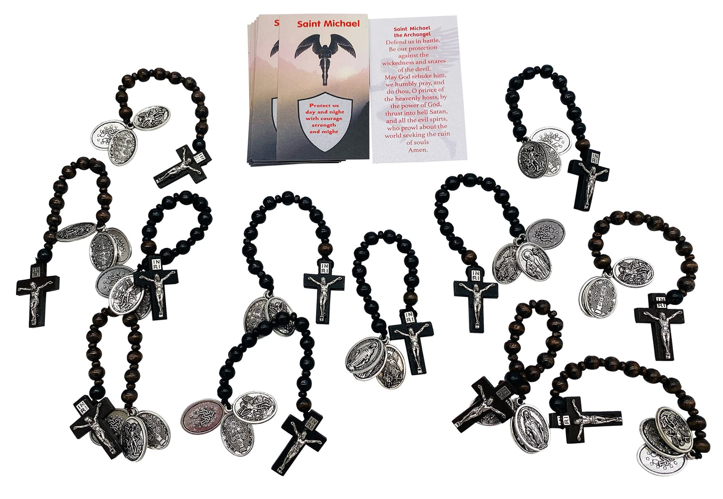 Westmon Works St Michael Wooden Pocket Rosary Saint Bulk Set with Holy Prayer Cards, Pack of 12