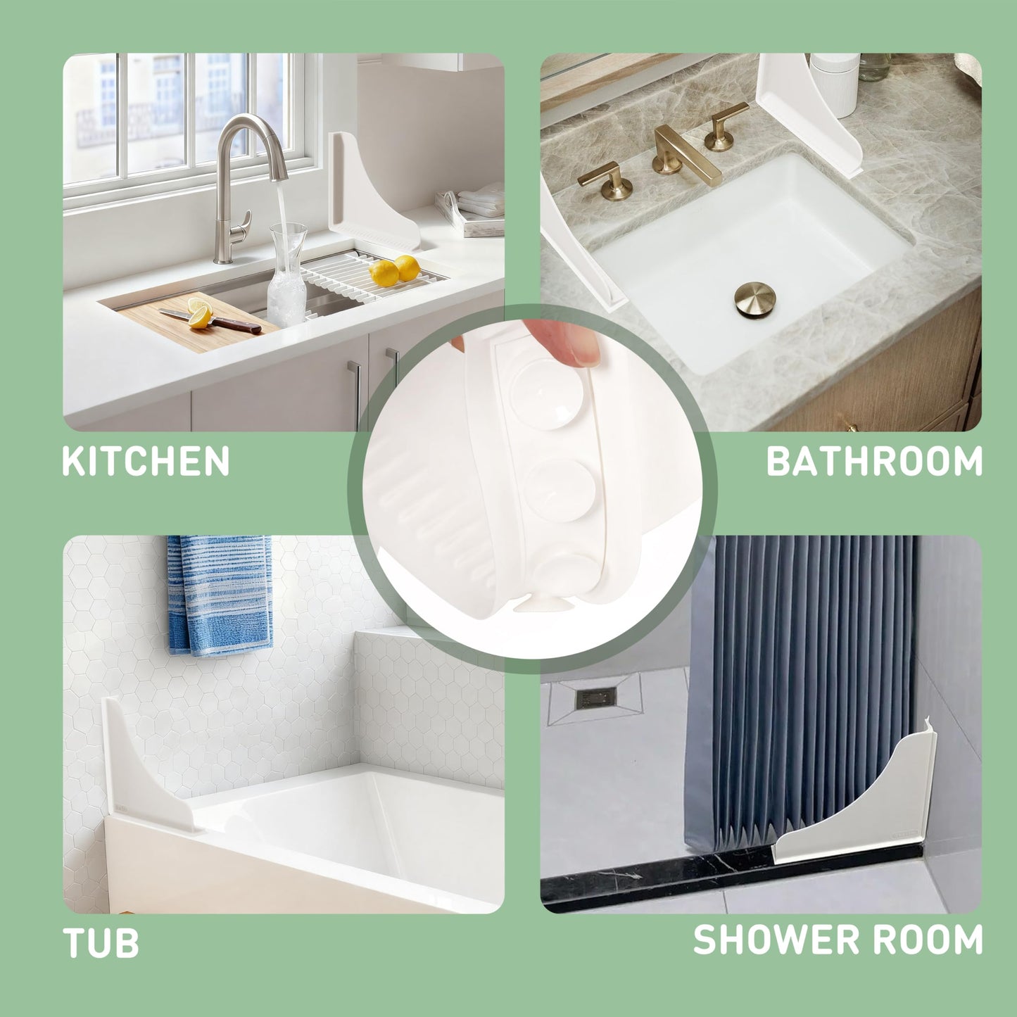 Roslim Shower Corner Splash Guard 2 Pack, No-Adhesive Silicone Water Splash Guard with Suction Cups for Bathtub & Walk-in Shower, Reusable Corner Water Blocker Keeps Water Off Floor, White