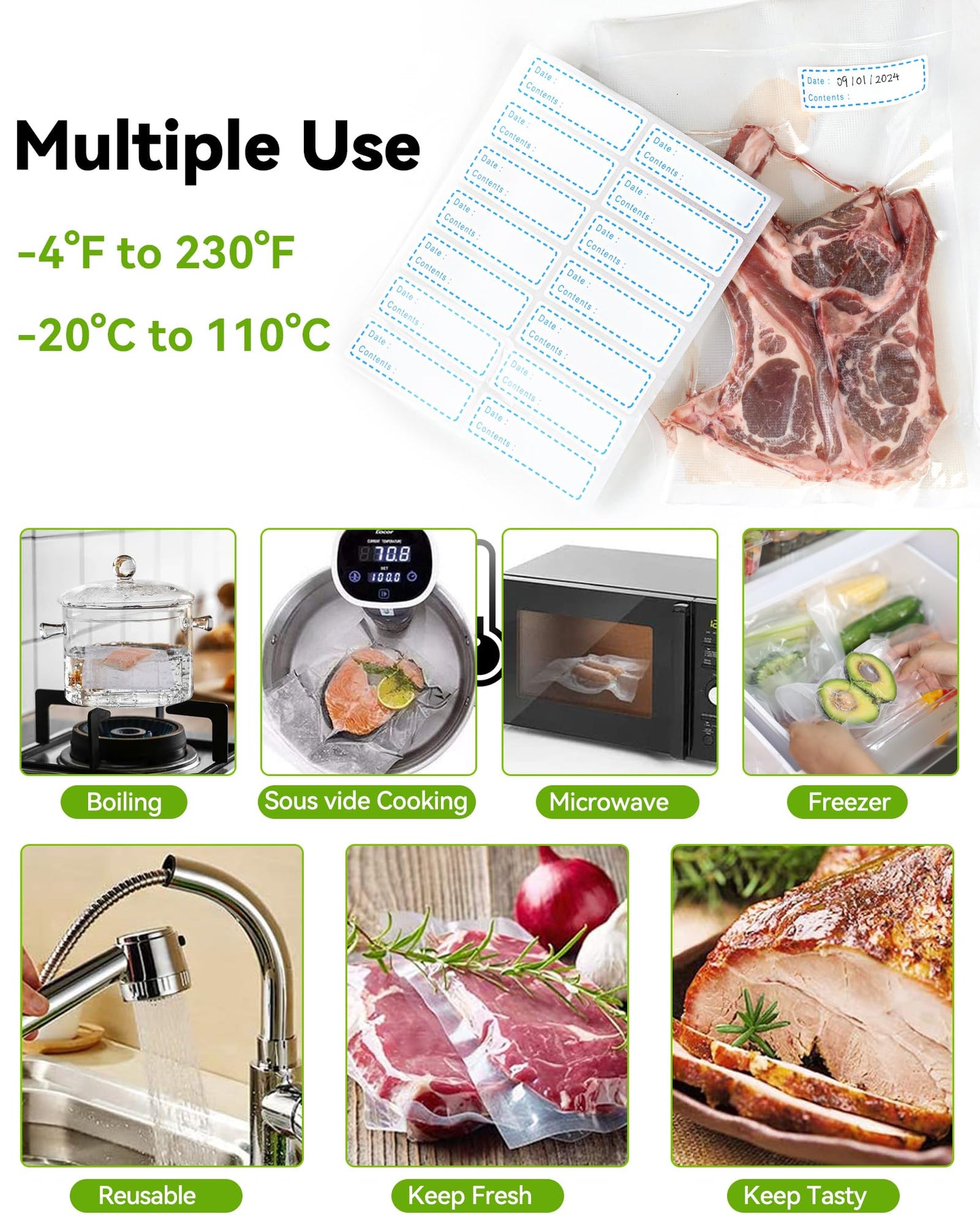 AENTGIU 300-Count Food Vacuum Sealer Bags 8 x 12 inch, Thick BPA-Free Sous Vide Bags Compatible with Most Vac Machines, Food Saver, Seal a Meal, Commercial Grade Quart Precut Meal Prep Storage Bags