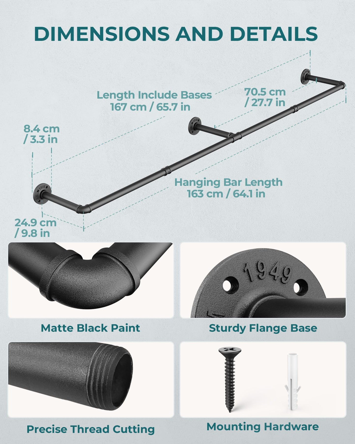OROPY Clothes Rack, 65.7" Industrial Pipe Clothing Rack 2 Pack for Clothes, Wall Mounted Heavy Duty Space Saving Garment Rack for Closet Storage, Black, 3 Base