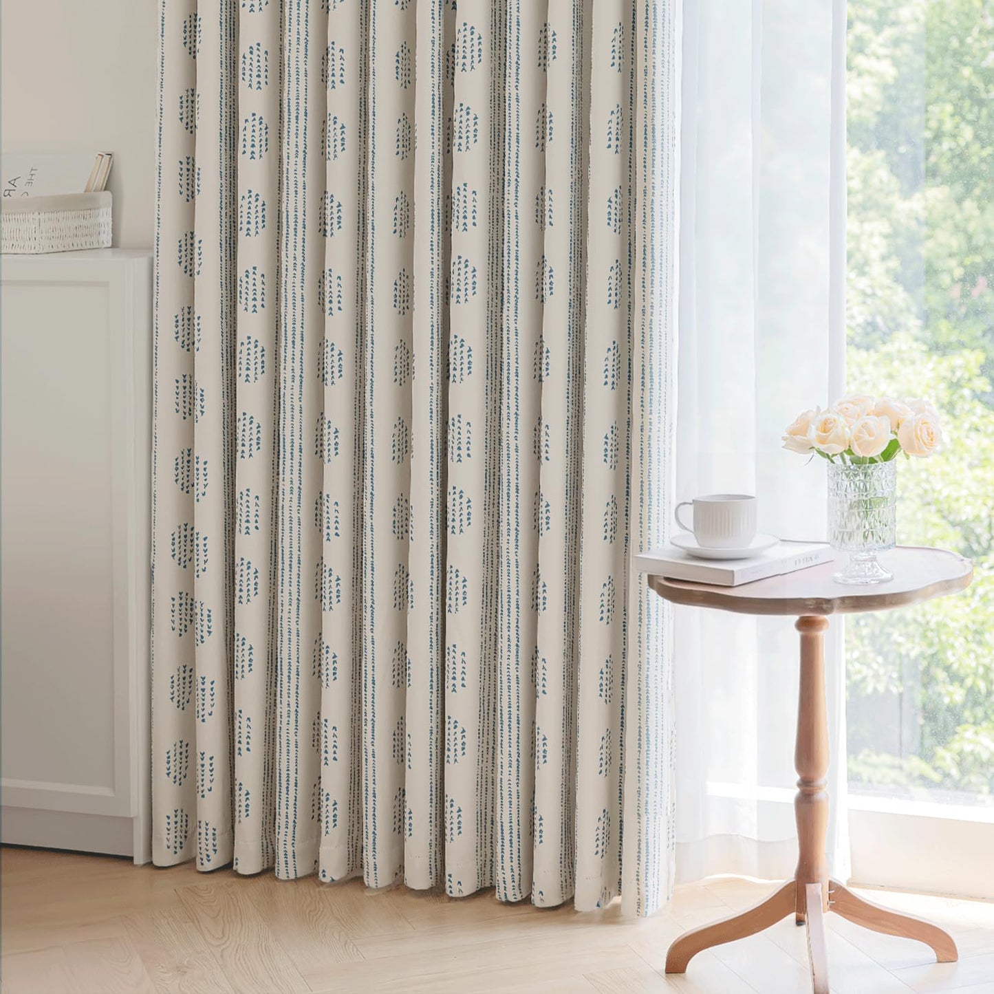 ugoutry 100% Boho Blackout Curtains 84 Inches Long for Bedroom, Blue on Beige Patterned Bohemian Curtains for Living Room, Geometric Striped Thermal Insulated Window Drapes Gromment Top 2 Panels