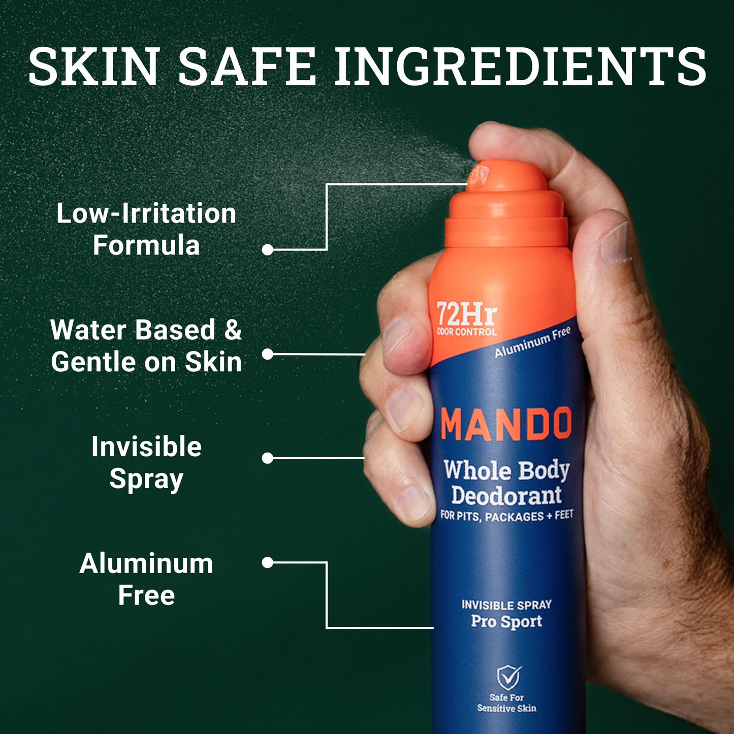 Mando Whole Body Deodorant For Men - Invisible Spray Deodorant - 72 Hour Odor Control - Low Irritation Formula - Aluminum Free, Benzene Free - 3.6 ounce Cans (Pack of 2) - Pro Sport