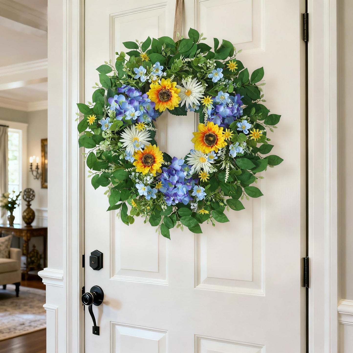 26" Large Artificial Flower Wreath for Front Door Outside – Spring Summer Wreath with Lifelike Sunflowers, Fake Blue Hydrangea Flowers for Indoor Outdoor Mantel,Window,Farmhouse,Home,Wall Decor