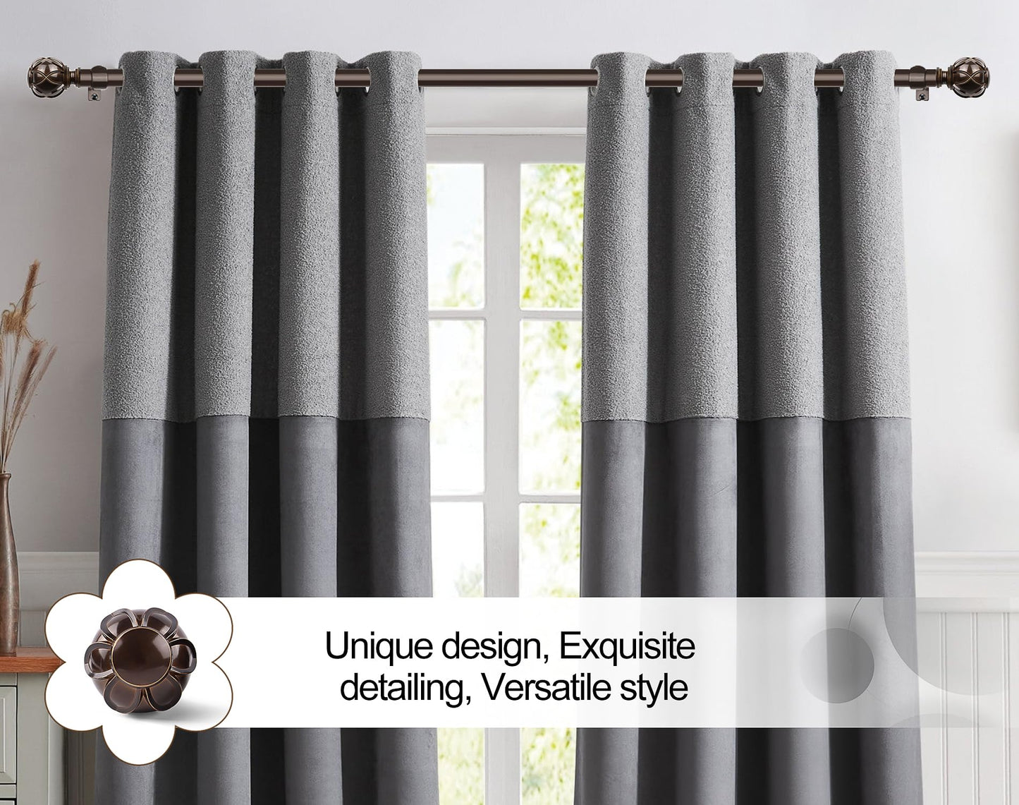 KAMANINA Curtain Rods for Windows 66 to 120 Inch, 7/8 Inch Antique Bronze Heavy Duty Curtain Rod 32 to 120 (2.6-10ft), Adjustable Decorative Drapery Rods with Netted Texture End