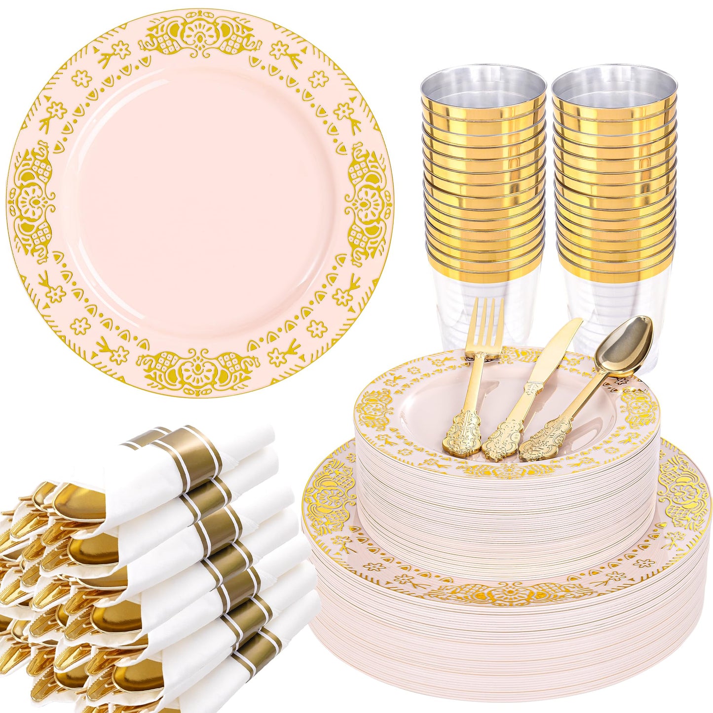 GATHER 350PCS Pink and Gold Plastic Plates - Gold Disposable Dinnerware Set Include 50 Dinner Plates, 50 Dessert Plates, 150 Plastic Silverware, 50 Napkins, 50 Cups for Wedding