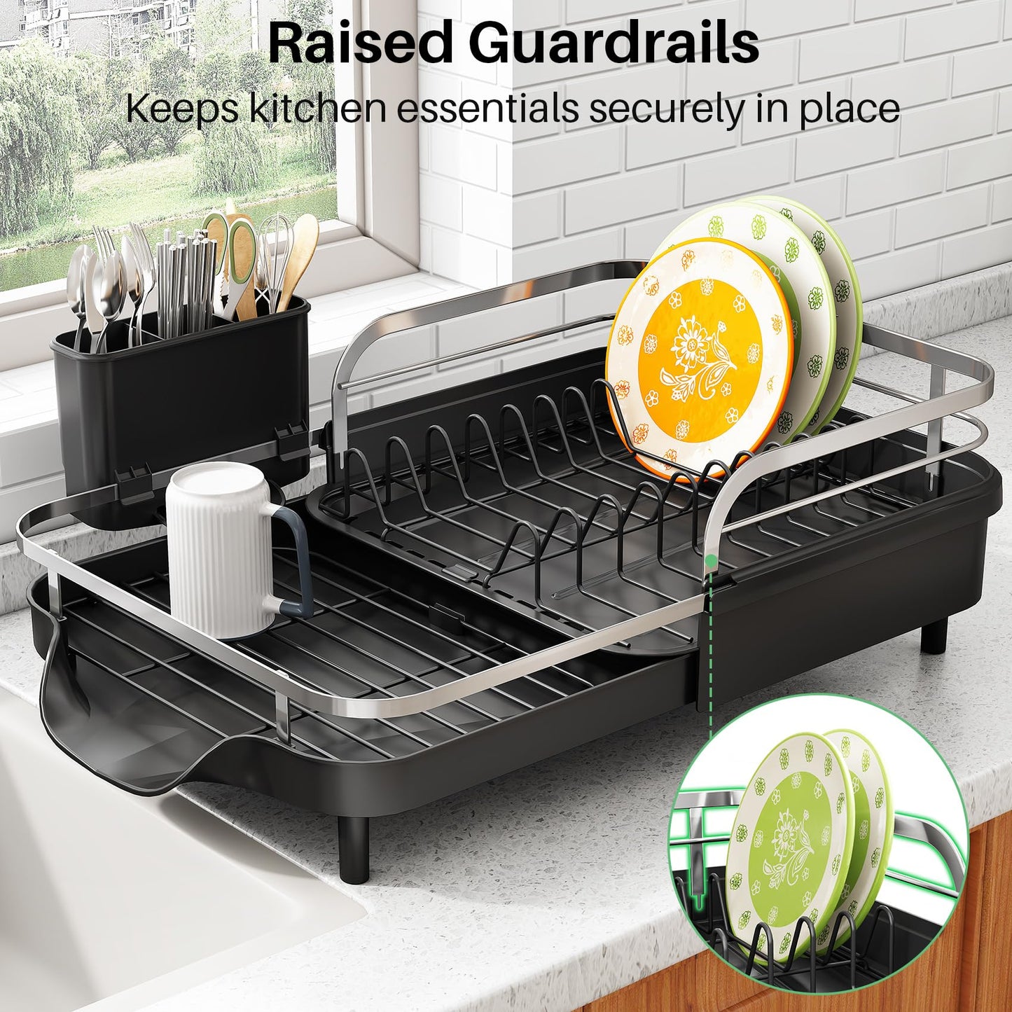 SAYZH Dish Drying Rack - Expandable Dish Rack for Kitchen Counter, Rust-Resistant Dish Drainer with Utensil Holder and Raised Guardrail, Kitchen Organizer for Cup and Bottle (Black)