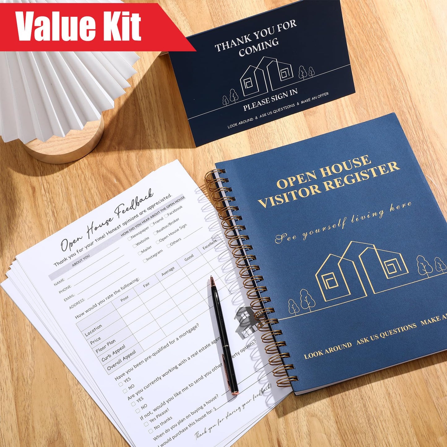 Buryeah 153 Sets Open House Signs for Real Estate Agents Including 1 Open House Feather Flag and Pole Kit 1 Pcs Visitor Guest Register Notepad 1pcs Tent Card and 150 Pcs Feedback(Black)