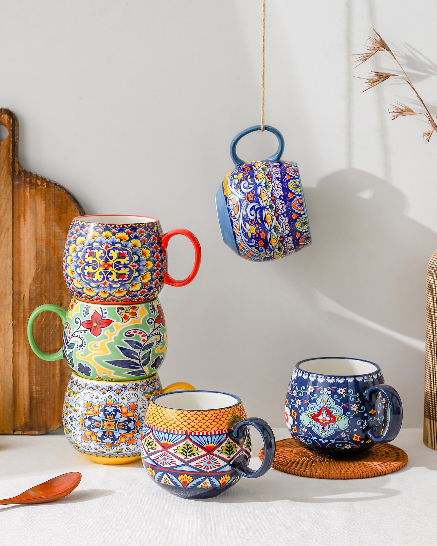 HENXFEN LEAD Boho Ceramic Coffee Mugs Set of 6, 20 oz Large Cups for Tea, Latte, Hot Chocolate & Soup – Microwave & Dishwasher Safe