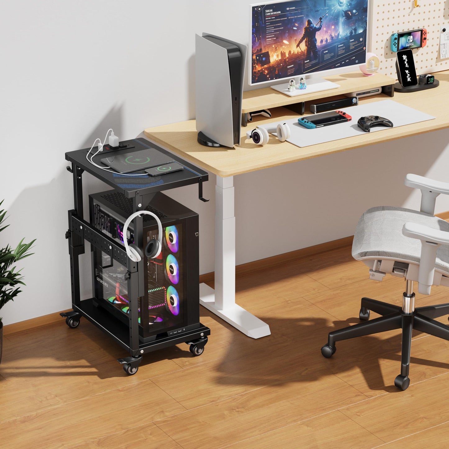 ZUAVIALA Computer Tower Stand with Power Outlet, 6 Level Height Ajustable PC Tower Stand for Floor, Mobile Rolling CPU Holder Cart for Gaming, Office, Home, 21.34"-28.3", Black