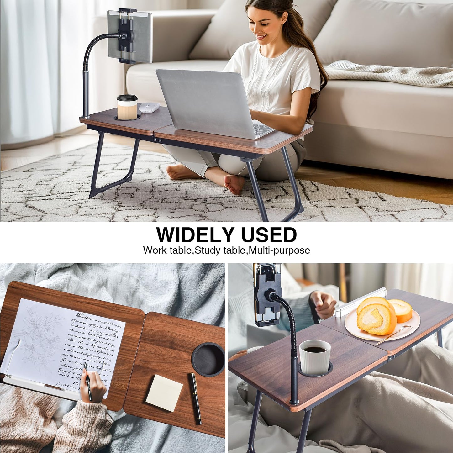wishacc 28.7" Extra Wide Laptop Lap Desk for Bed and Sofa, Adjustable Bed Desk with Flexible Phone & Tablet Mount, Portable Black Lap Tray Table for Floor Couch Work, 2 Book Clips Included