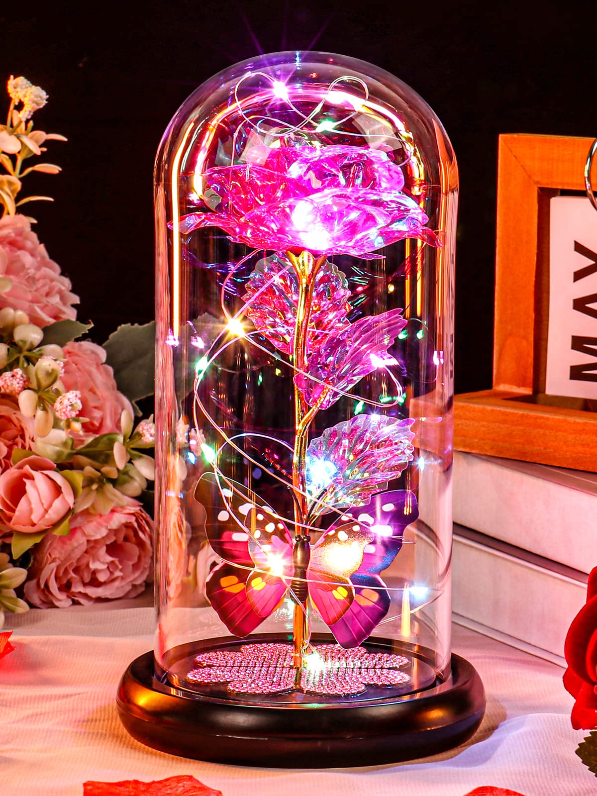 Mothers Day Mom Gifts for Mom Women Birthday Gift Galaxy Glass Rose in Glass Dome Forever Eternal Crystal Flowers with Butterfly Mother's Day Flowers Gifts for Women Wife Grandma Daughter Sister Pink
