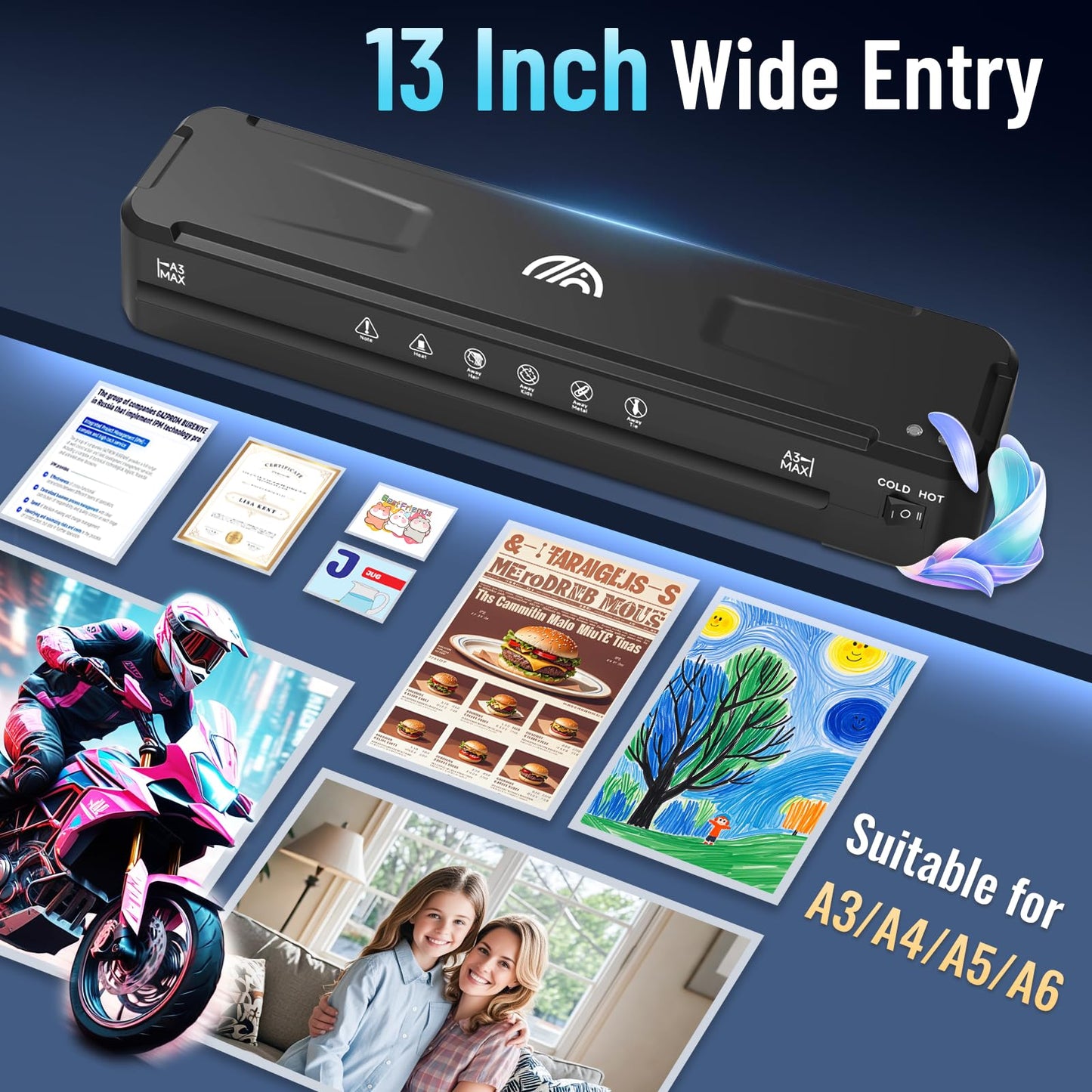 13 Inch Laminator Machine with 50 Laminating Sheets, Fast Warm-Up No Jam A3 Laminator, 11x17 Cold & Thermal Laminating Machine for Home School Office