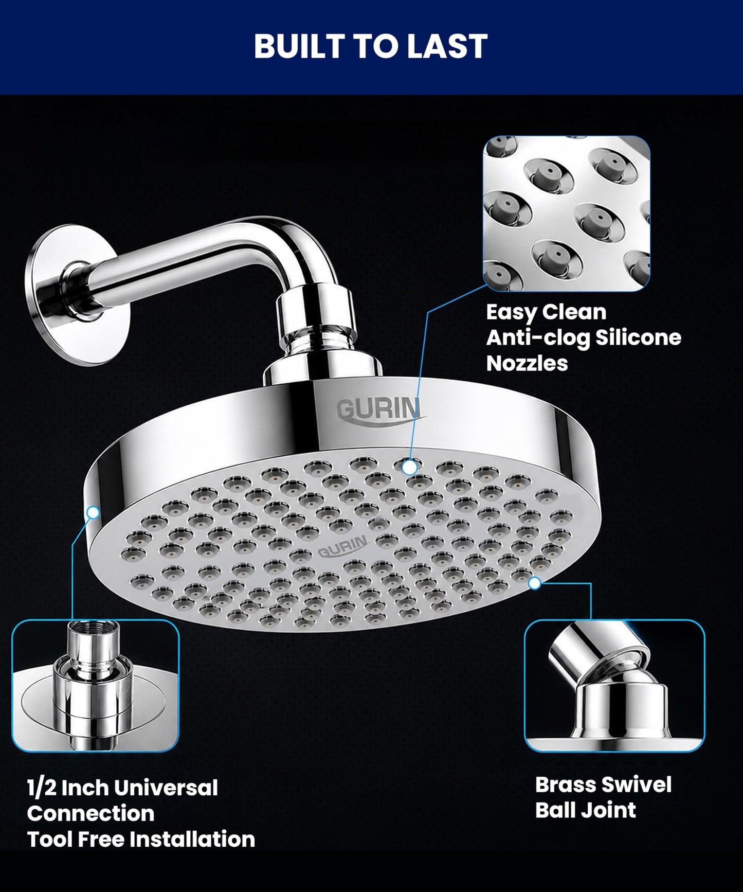 GURIN Shower Head - Powerful High Pressure Rain Shower Head 6 Inch - Luxury Rainfall Showerhead with Adjustable Angles, 90 Anti-Clog Nozzles, Tool-Free 1-Min Install, Premium Polished Chrome Finish