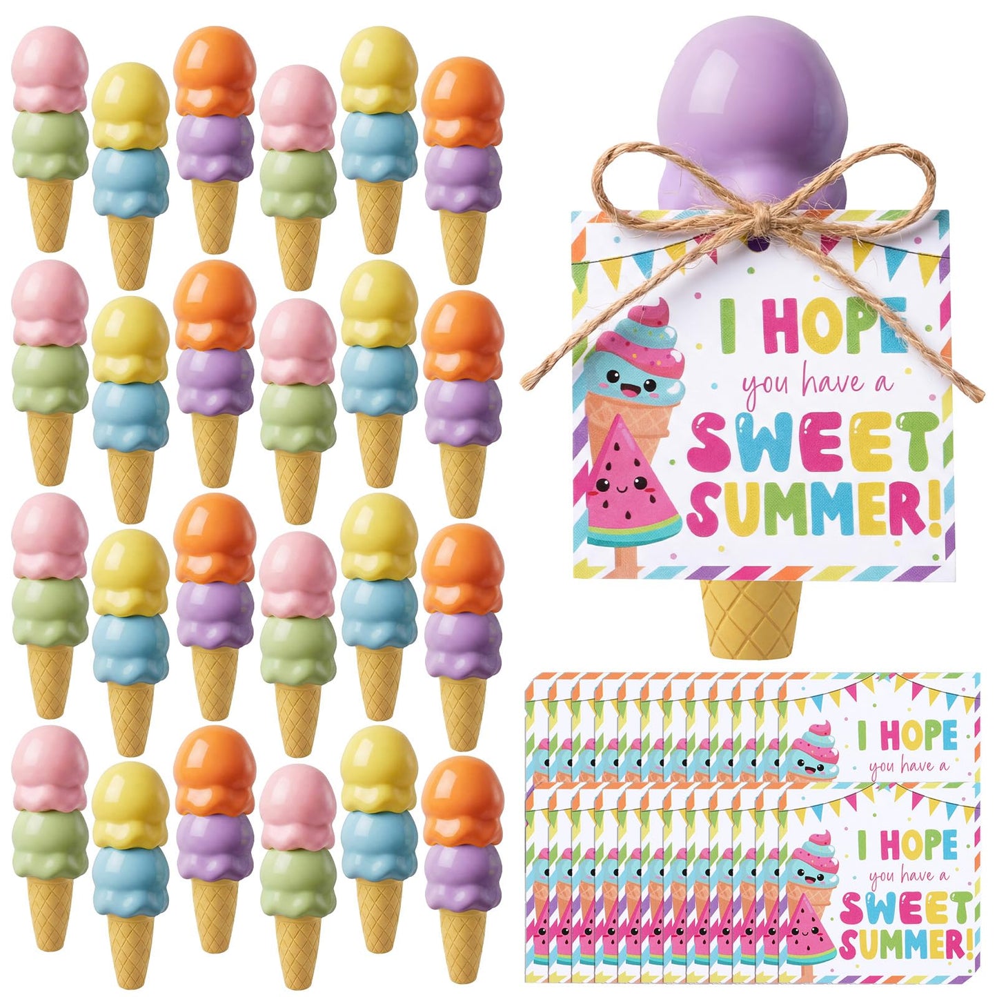 Eaasty 24 Sets End of Year Gifts for Students Bulk Ice Cream Pens with Greeting Cards Summer Gifts from Teacher for Party Favor Supplies Classroom Rewards Birthday Exchange Prizes (Highlighter)