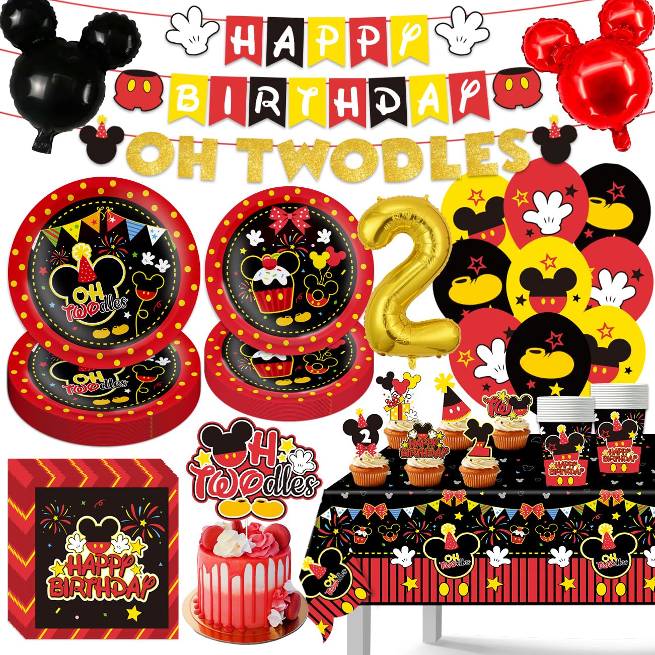 108Pcs Birthday Decorations, Oh Twodles Happy Birthday Theme Party Decorations, Including Banner, Tablecloth, Mouse Head Balloons, 12 latex Balloons, Plates, Napkins, Cups, Cupcake Toppers