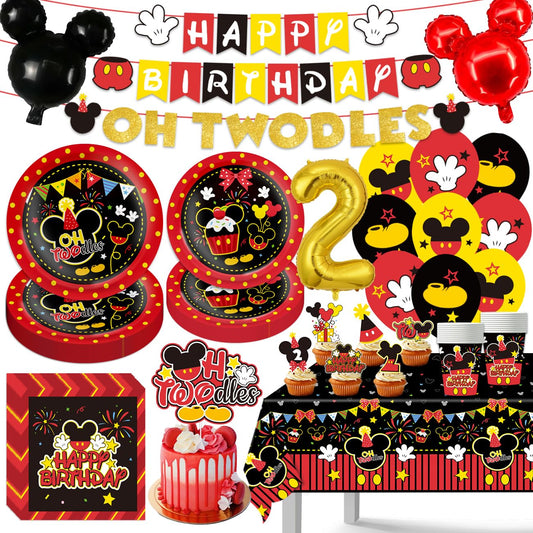 108Pcs Birthday Decorations, Oh Twodles Happy Birthday Theme Party Decorations, Including Banner, Tablecloth, Mouse Head Balloons, 12 latex Balloons, Plates, Napkins, Cups, Cupcake Toppers