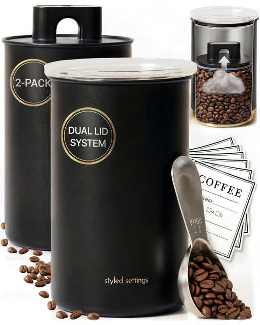 STYLED SETTINGS Vacuum Seal Coffee Bean Container Set – 2-Piece Stainless Steel Coffee Canisters with Scoop and Labels, Matte Black Dual-Lid Airtight Design, 1 lb Capacity Each - Coffee Gift Ideas