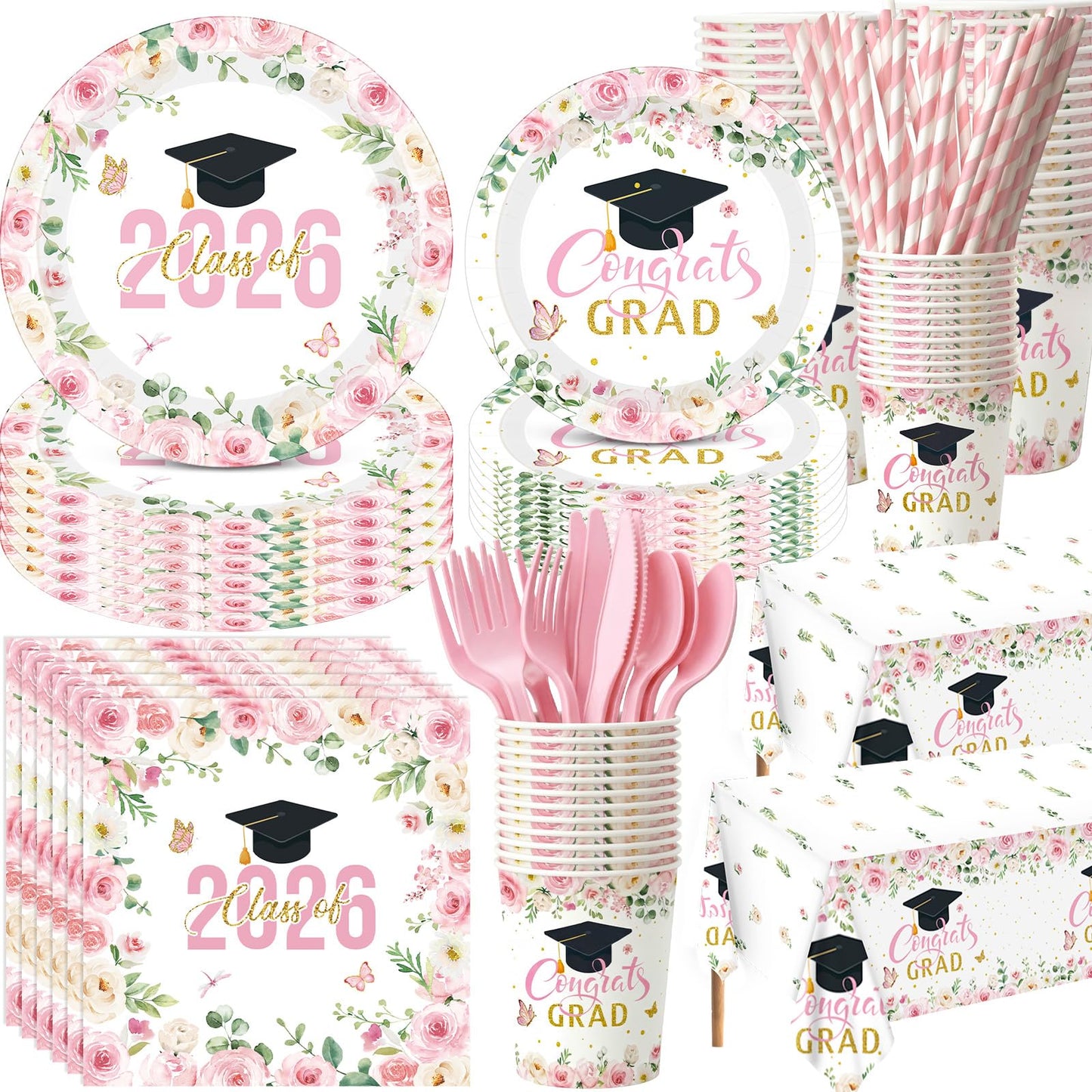 Funnymoom 452 Pcs Pink Floral Graduation Decoration Girl for 50 Guests, Class of 2026 Floral Graduation Paper Plates Napkins Cups Tablecloth Cutlery Straws for 2026 Congrats Grad Party Supplies