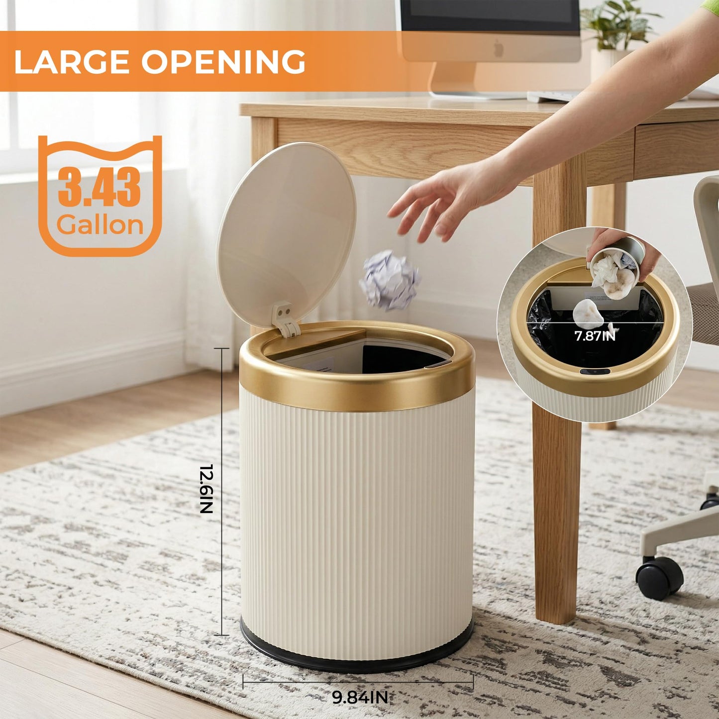 Pukomc Bathroom Trash Can with Lid，3.5 Gallon Motion Sensor Waterproof Touchless Garbage Can, Smart Plastic Trash Bins Suitable for Kitchen, Bathroom, Bedroom, Living Room, Office Beige
