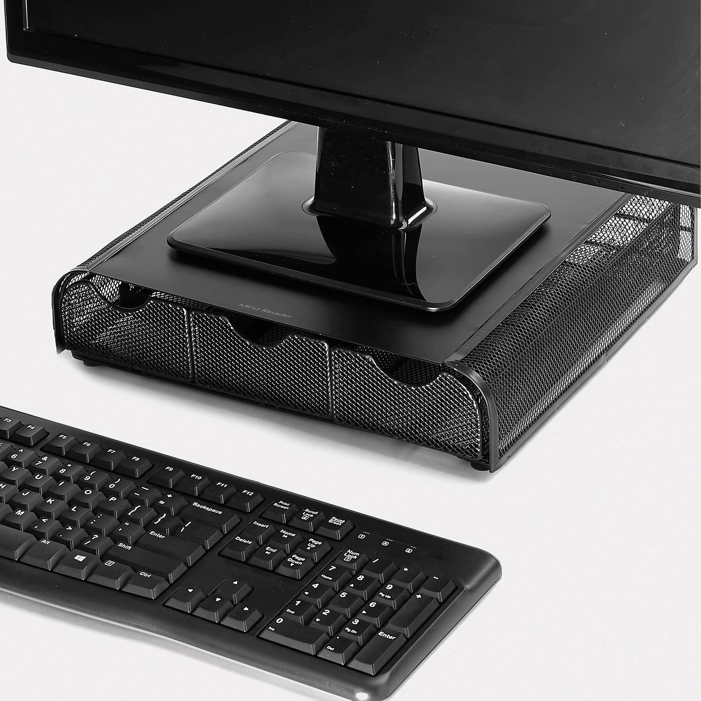 Mind Reader Monitor Stand, Ventilated Laptop Riser, Desktop Organizer, Storage, Metal Mesh, 13.25"L x 12.5"W x 3"H, Black