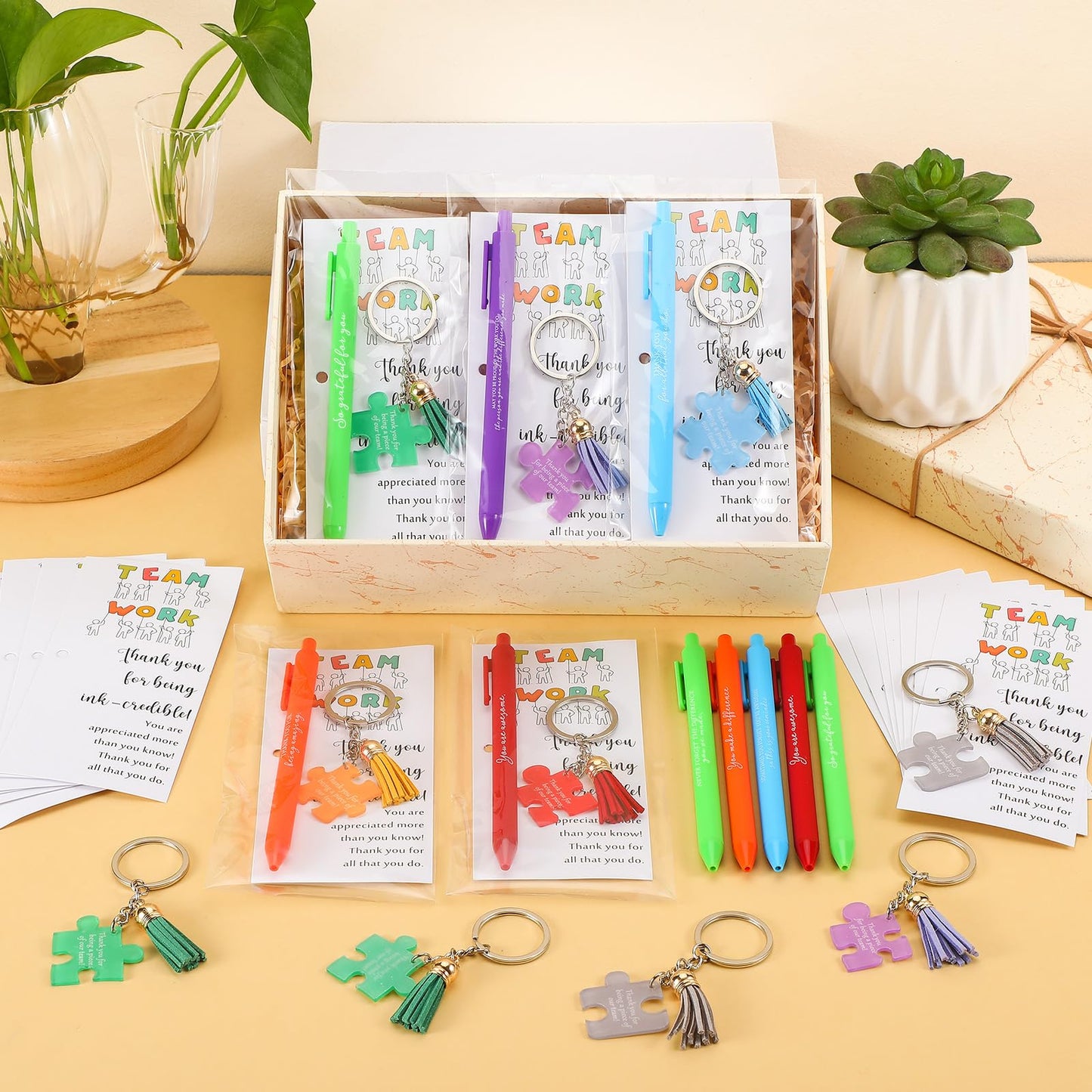 Sayglossy 50 Set CNA Week Gifts Bulk 2026 End of Year Graduation Gifts for Teacher Nursing Assistant Office Staff Appreciation, Team Work Pens & Inspirational Puzzle Piece Keychains & Thank You Cards