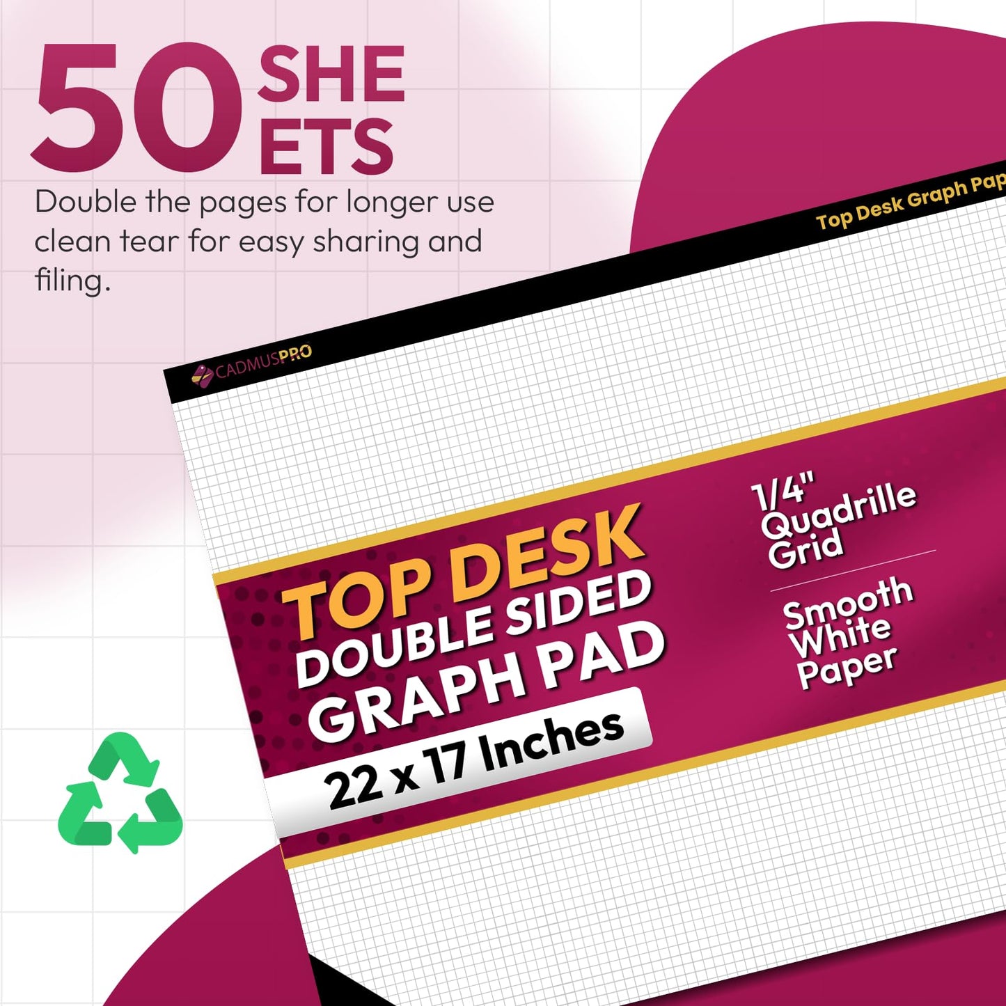CADMUSPRO Top Desk Graph Paper Pad 22x17 Inch, 50 Sheets, Double-Sided 80 GSM Large Quadrille Grid Paper for Drafting, Design, Art, Architecture and Academic Use