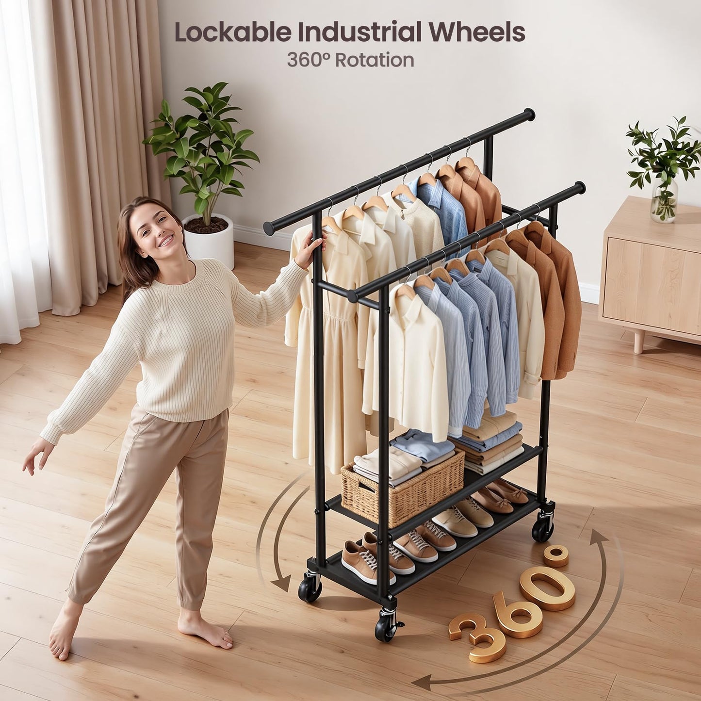 WATIOWL Clothes Rack, Double Rods Rolling Clothing Rack for Hanging Clothes Closet Rack with Wheels, Metal Portable Garment Rack with Double Shelves for Bedroom Laundry Living Room, Black