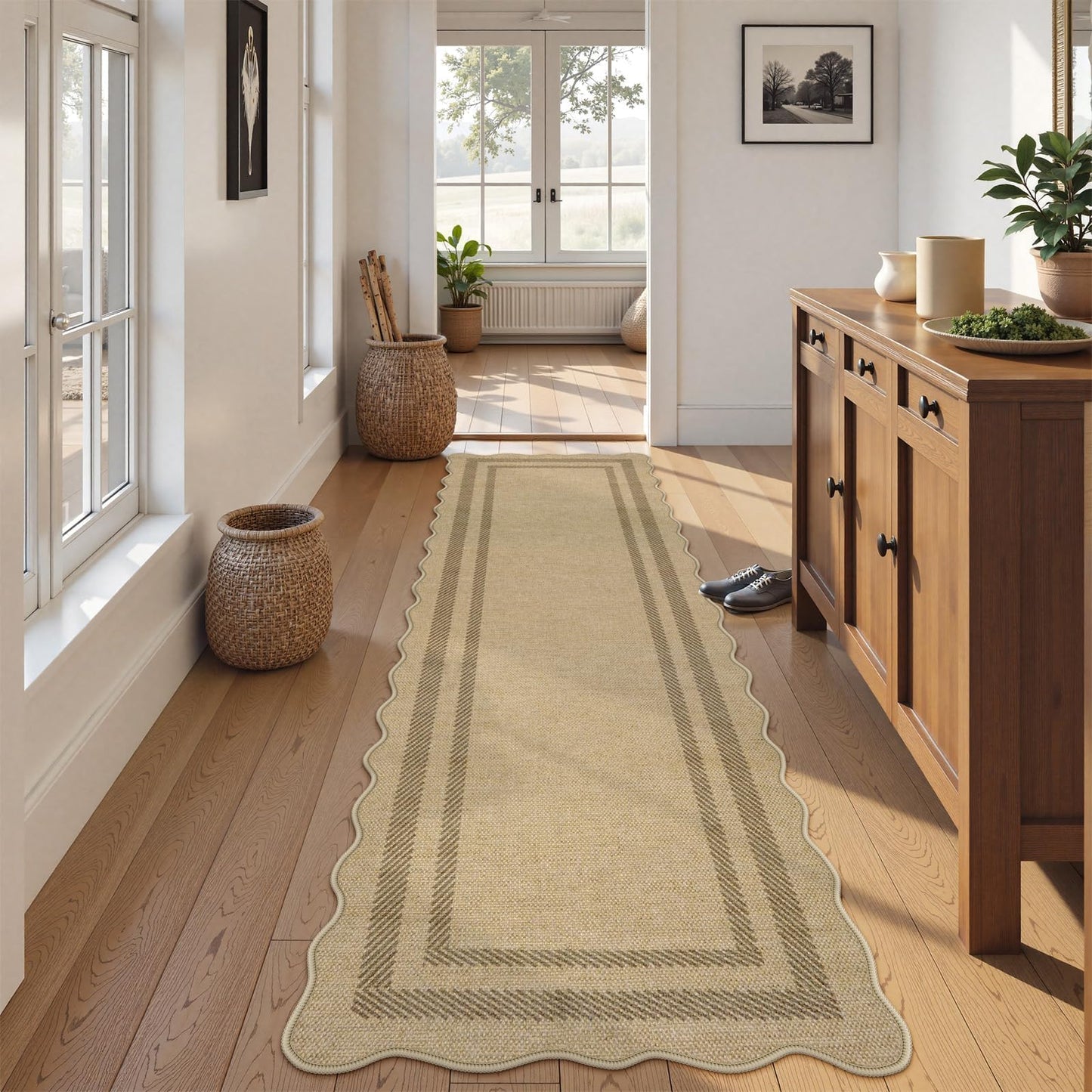 LIVEBOX Scalloped Washable 2x8 Kitchen Runner Rug, Easy Jute Geometric Tan Rugs for Hallway Runner Entryway, Indoor Outdoor Non Slip Rug Farmhouse Modern Carpet Door Mat for Porch Laundry Room