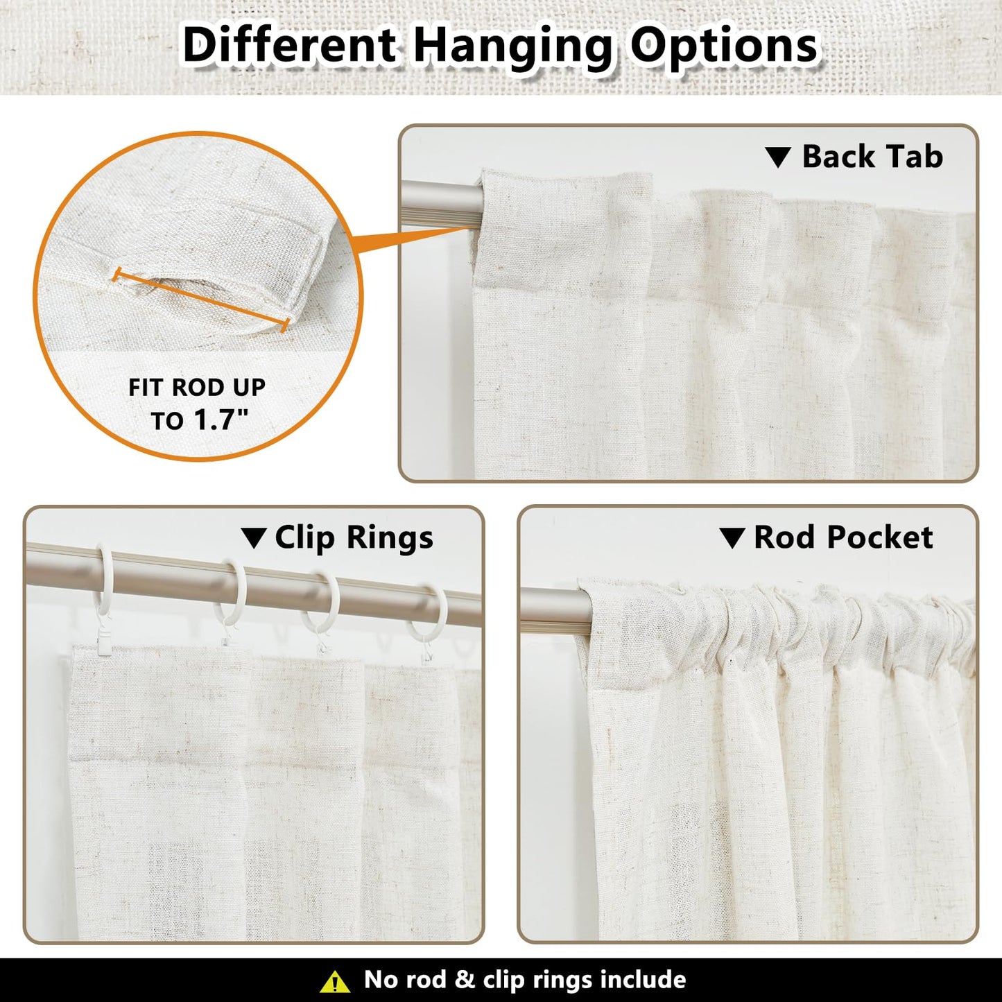 MYSKY HOME Linen Curtains for Sliding Glass Door, Back Tab Semi Sheer Curtain Panels Extra Long Floor Length Drapes Linen Texture Soft Touch Country Curtains, 50x102 Inch, Linen, Set of 2