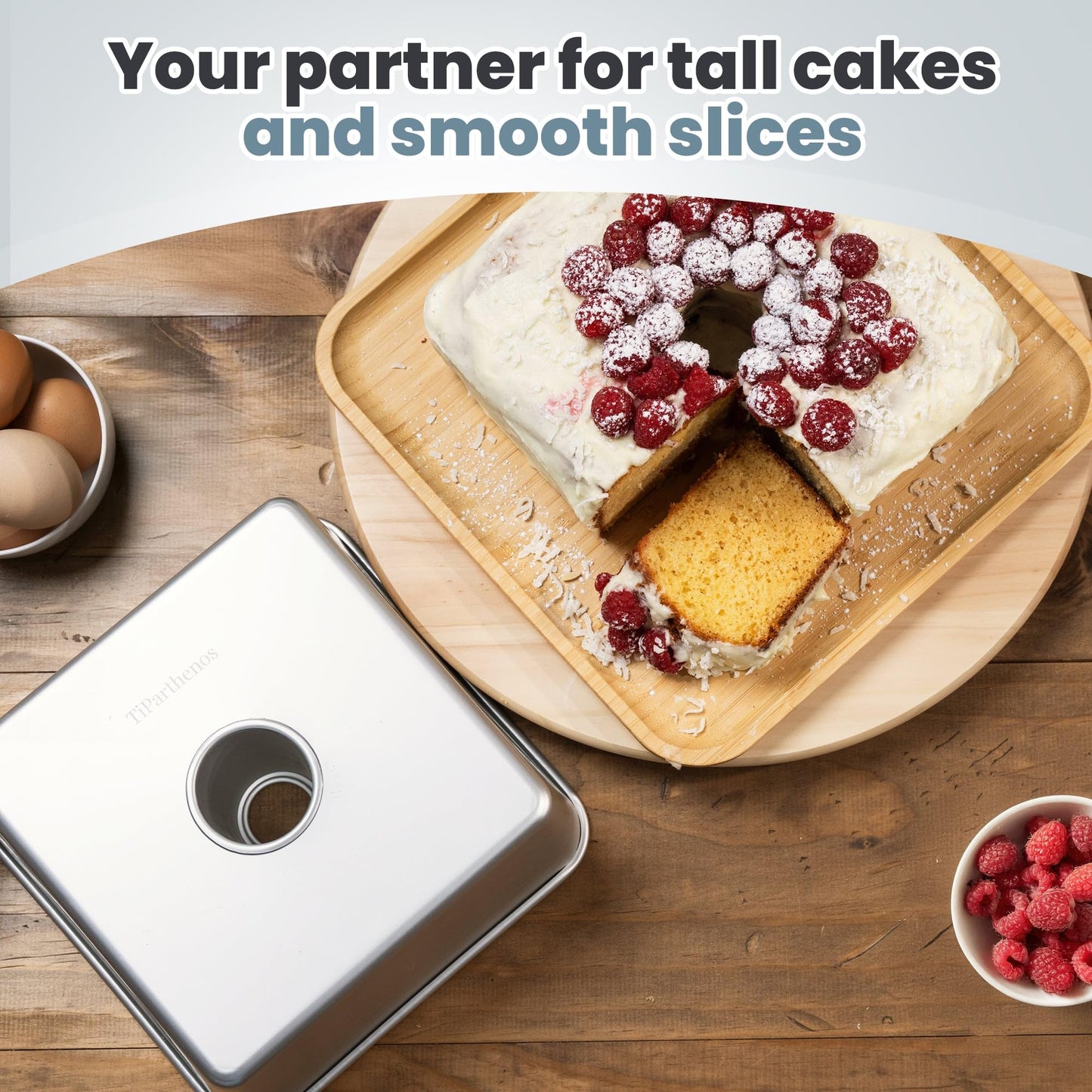 TiParthenos One-Piece Square Tube Cake Pan, 18 Cup, Anodized Aluminum, 9 x 9 x 4.5 in, Seamless Design, Easy Release, Even Heat, for Angel Food, Chiffon, Sponge, Mile High & Pound Cakes