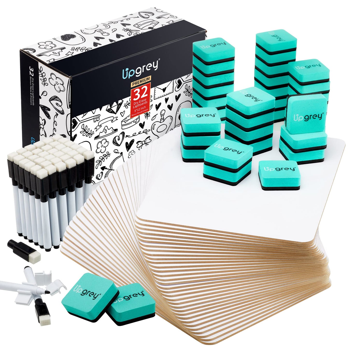 Dry Erase Lapboards 32 Pack, Double-Sided Small White Board for Classroom Student, 9"x12" Portable Dry Erase Board Bulk, Mini Whiteboard with 36 Pens, 36 Erasers & 36 Pen Holders, for Teacher Supplies