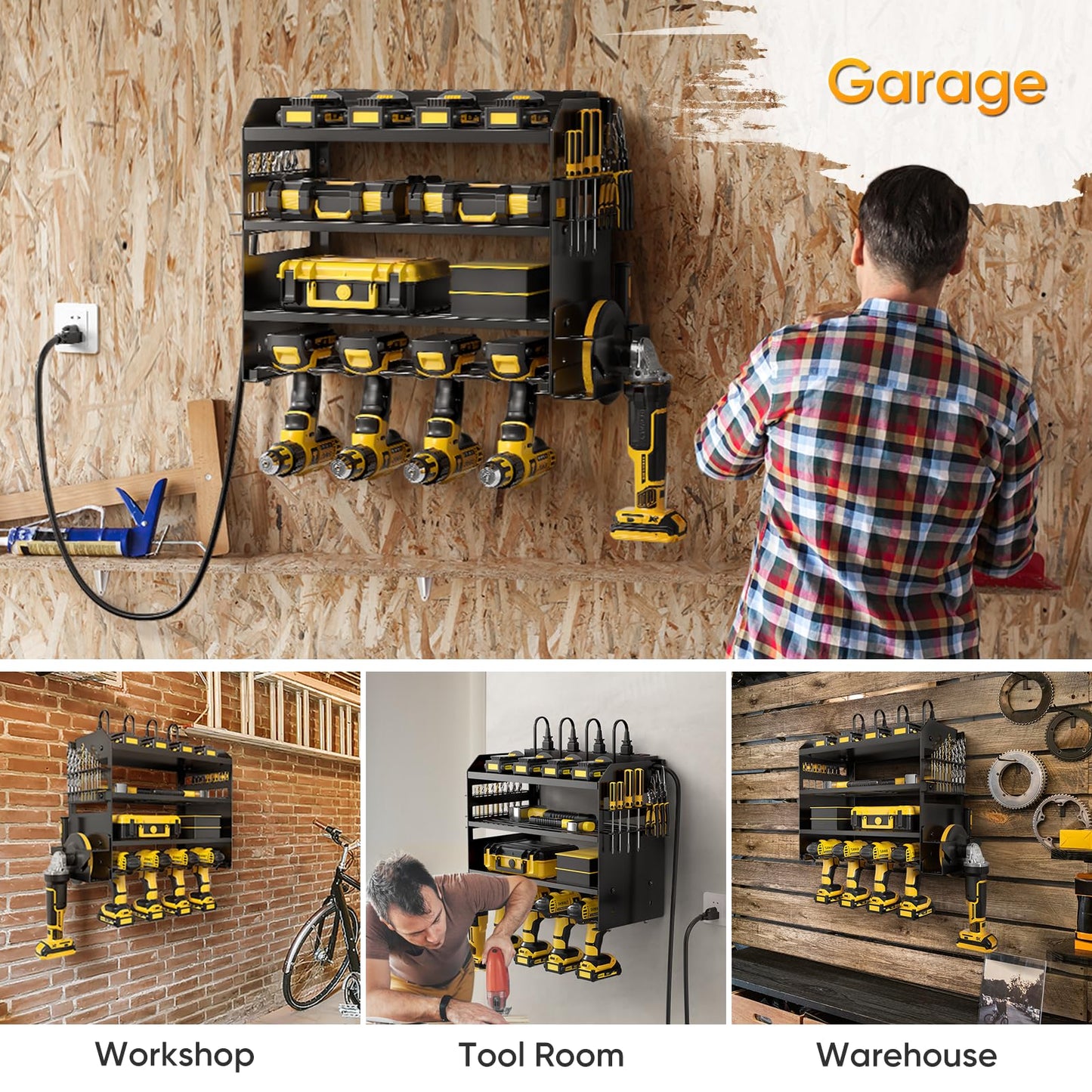 POKIPO Power Tool Organizer Wall Mount with Charging Station,Tool Storage Rack with 8 Outlet Power Strip,Heavy Duty Metal Battery Utility Rack with 4 Cordless Drill Holder 6.56 Ft Cord for Garage