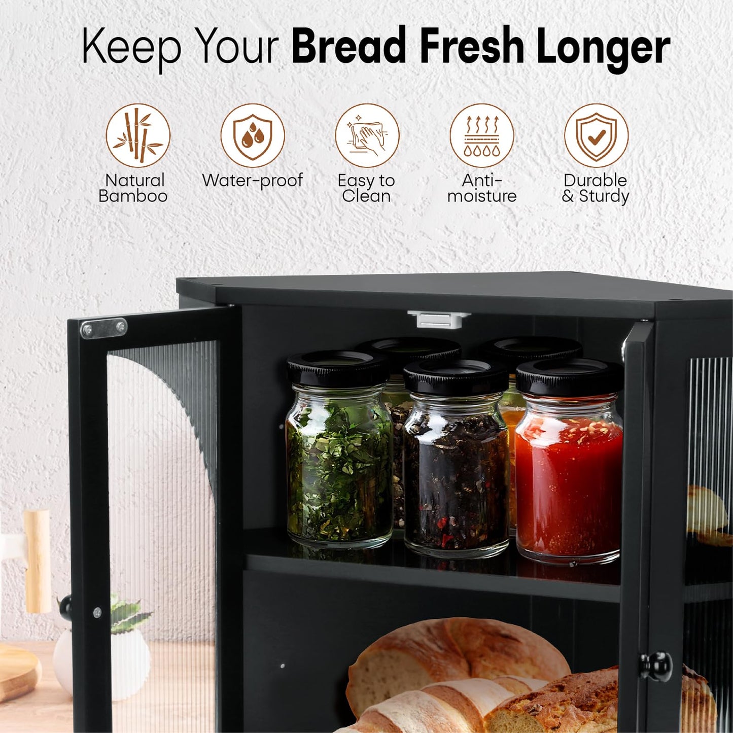 Thalomely Corner Bread Box for Kitchen Countertop, Double Layer Bamboo Bread Storage Container for Homemade Bread, Large Capacity Bread Holder with 3 Adjustable Height for Counter, Breadbox Organizer