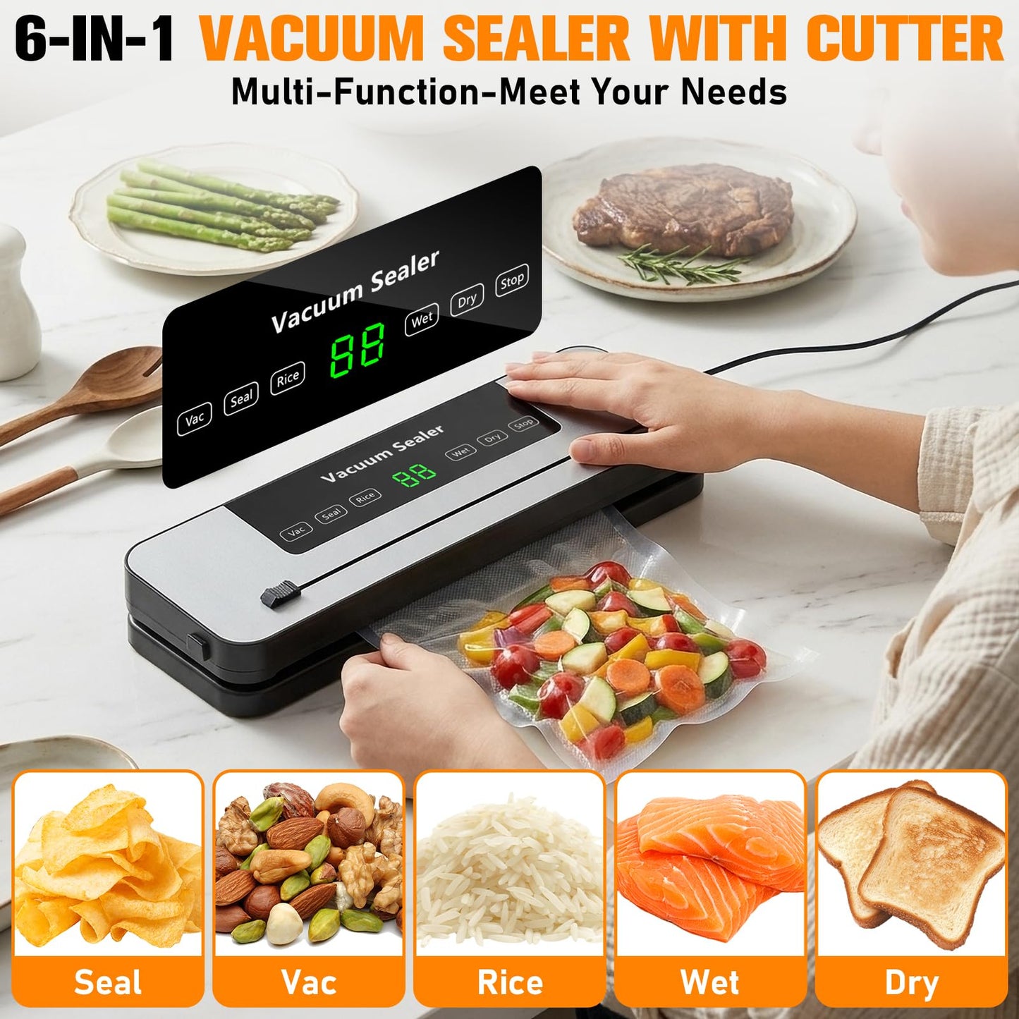 Vacuum Sealer Machine for Food with Built-in Cutter, 6-in-1 One-Touch Automatic Food Vacuum Sealer, Dry & Wet Modes, Digital Timer, Compact Food Saver Vacuum Sealer with 30 Bags Grey
