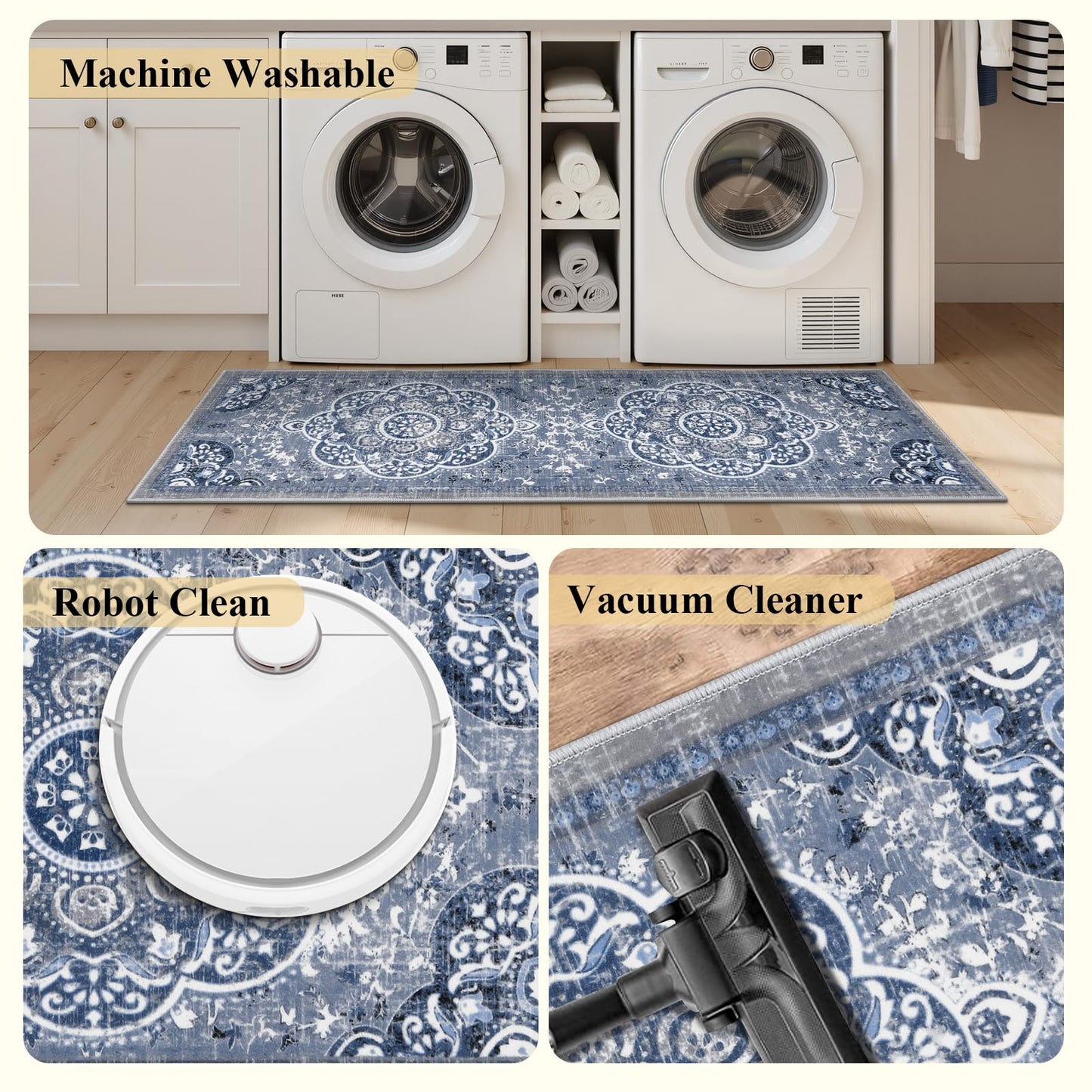 Ileading Boho Kitchen Rugs Sets 3 Piece with Runner Floral Kitchen Floor Mat Carpet Farmhouse Kitchen Rugs and Mats Non Skid Washable Runner Rug for Kitchen Floor Office Sink Laundry, Blue
