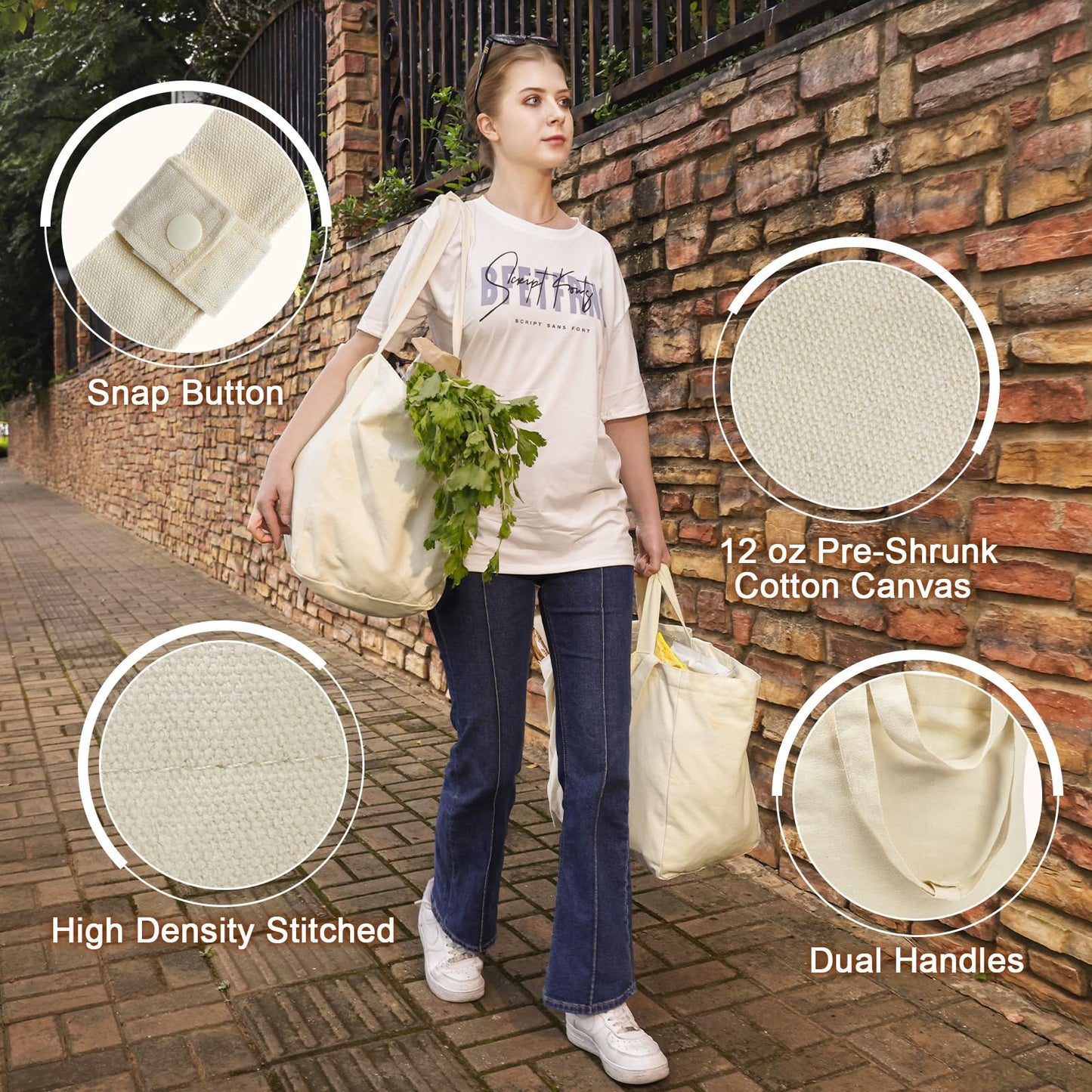 VitaSerena Canvas Grocery Bags with Dual Handles(3pc XL), Large Reusable Shopping Bags for Groceries, Inner Pockets, Washable, Shrink Resistant, Heavy Duty, Foldable