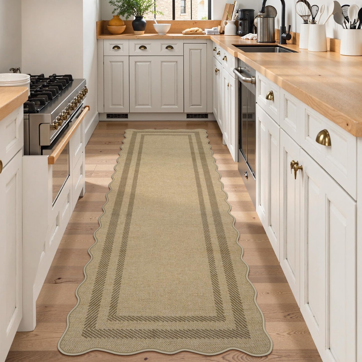 LIVEBOX Scalloped Washable 2x8 Kitchen Runner Rug, Easy Jute Geometric Tan Rugs for Hallway Runner Entryway, Indoor Outdoor Non Slip Rug Farmhouse Modern Carpet Door Mat for Porch Laundry Room
