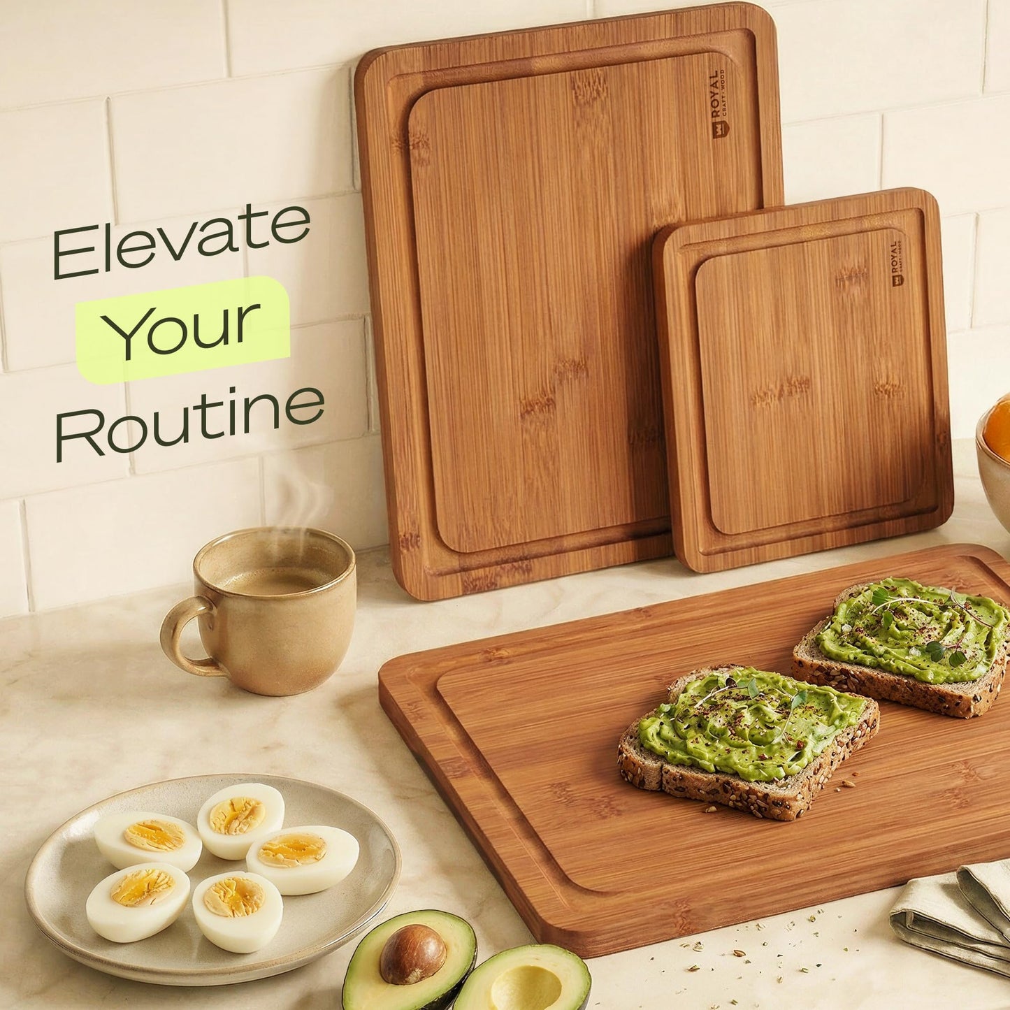 ROYAL CRAFT WOOD Wooden Cutting Boards for Kitchen Meal Prep & Serving - Bamboo Non Toxic Cutting Board Set with Deep Juice Groove Side Handles - Charcuterie & Chopping Butcher Block for Meat (3 Pcs)