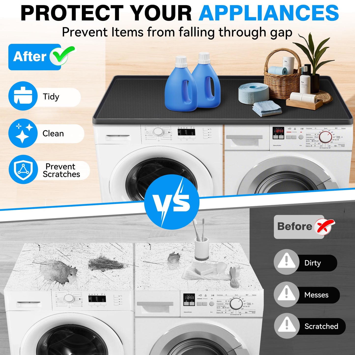 WAUTENANTY 54'' x 27.5'' Washer and Dryer Covers for the Top, Non-slip Silicone Washer Dryer Top Protector for Washing Machine, Waterproof Washer Dryer Countertop for Laundry Kitchen Home (Black)