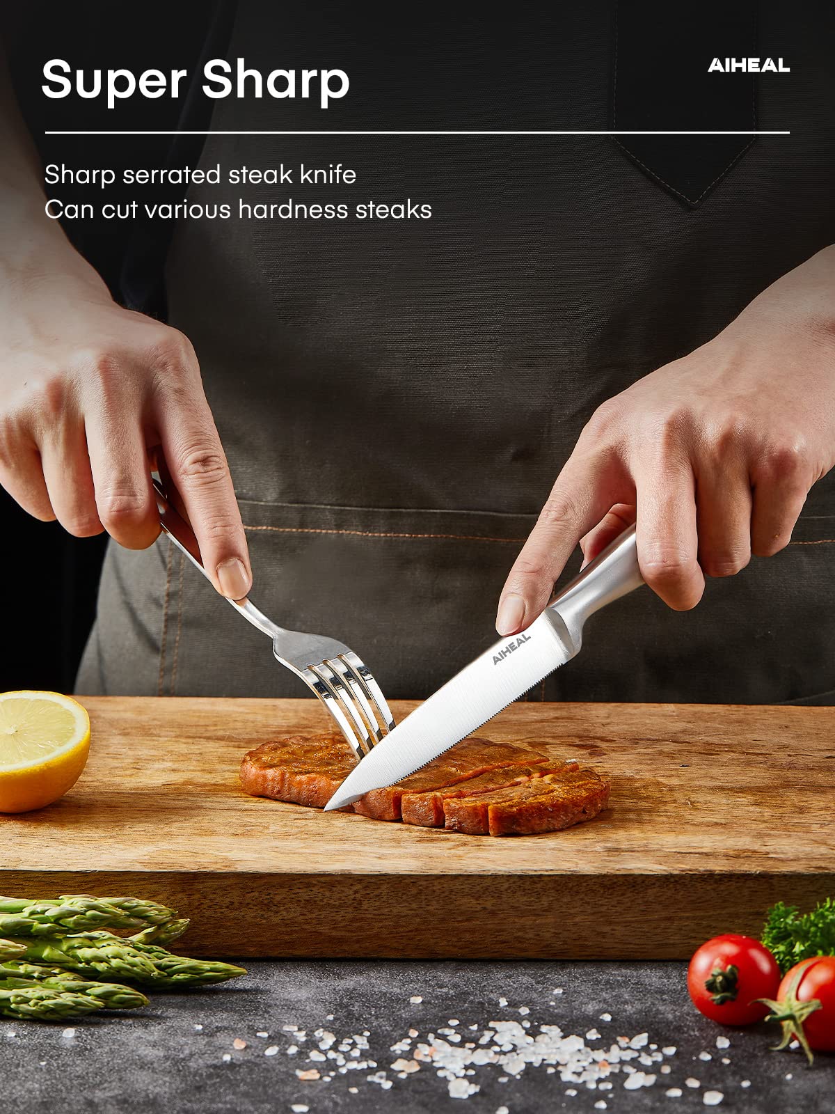 Aiheal Steak Knives, Stainless Steel Steak Knives Set of 12, Never Needs Sharpening Dinner Steak Knife Set, Sharp Micro Serrated Knives
