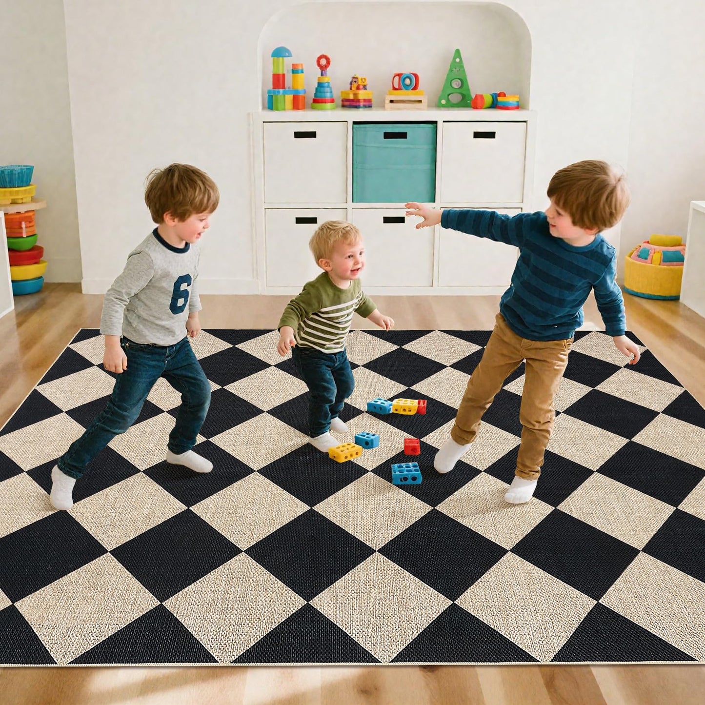 GarveeHome Checkered Easy Jute 5x7 Area Rugs for Living Room Machine Washable Non-Slip Backing Stain Resistant Modern Indoor Outdoor Rugs for Farmhouse Dining Room Patio Black