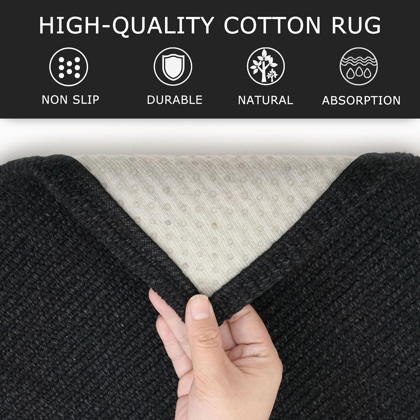 KOZYFLY Washable Entryway Rug 3x5 Ft Area Rugs Cotton Rubber Backed Throw Rugs Indoor Door Mat Kitchen Rugs Braided Floor Carpet for Front Entrance Kitchen Living Room, Black