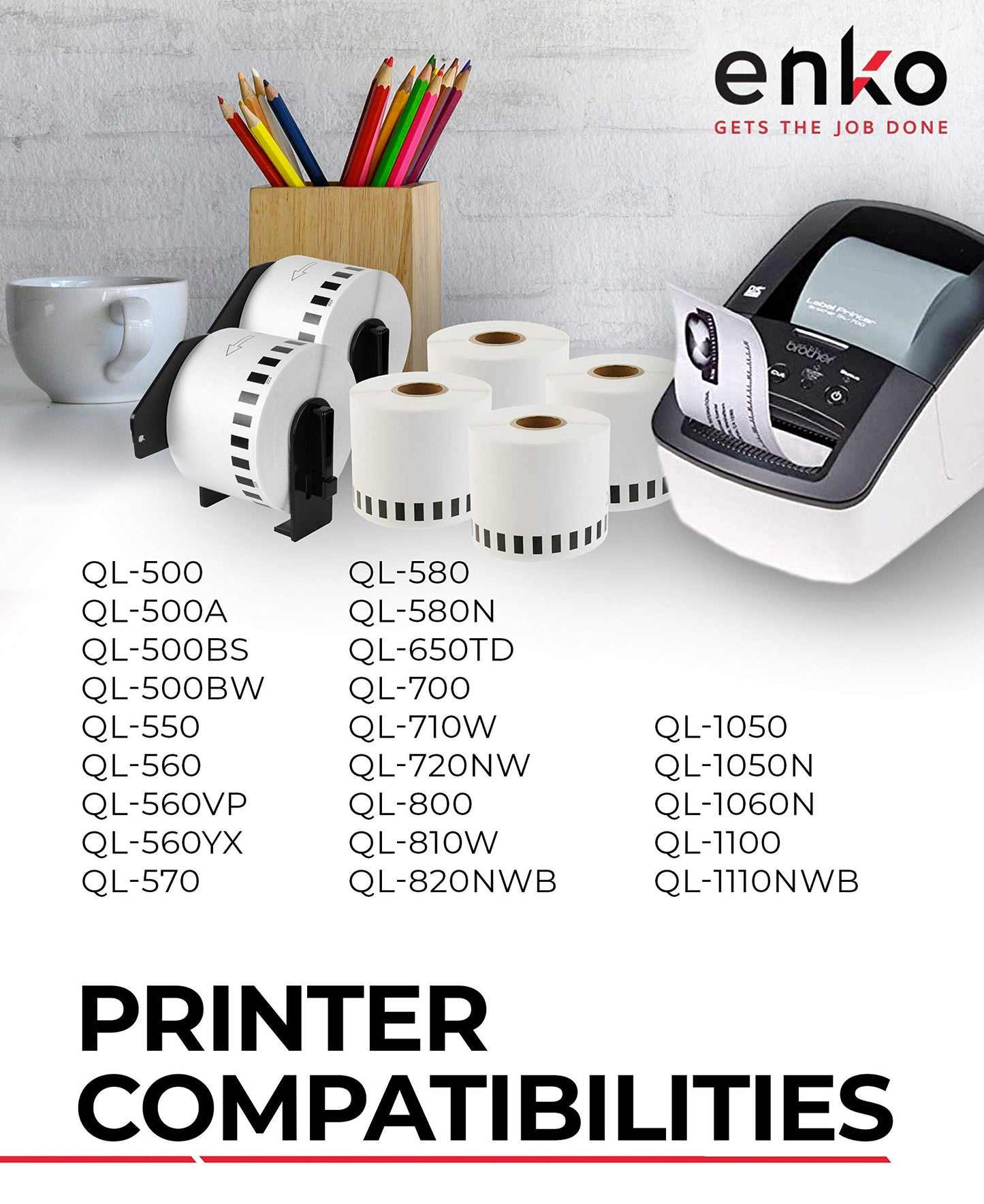 enKo - Compatible DK-2223 Continuous Paper Labels (2 Inch x 100 Feet) Compatible for Brother QL Label Printers - 6 Rolls + 2 Refillable Cartridges
