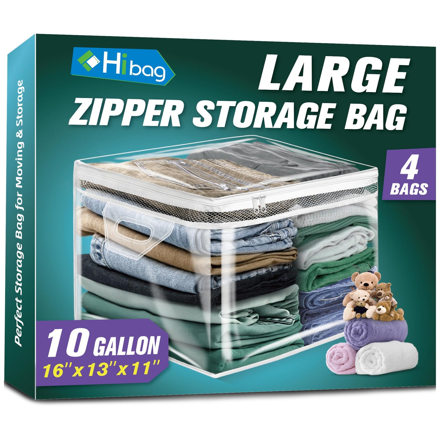 HIBAG 10 Gallon Large Storage Bag for Clothes, Zipper Clothing Storage Bag, Clear Organizer with Reinforced Handles, for Closet and Underbed Storage (4 Pack)