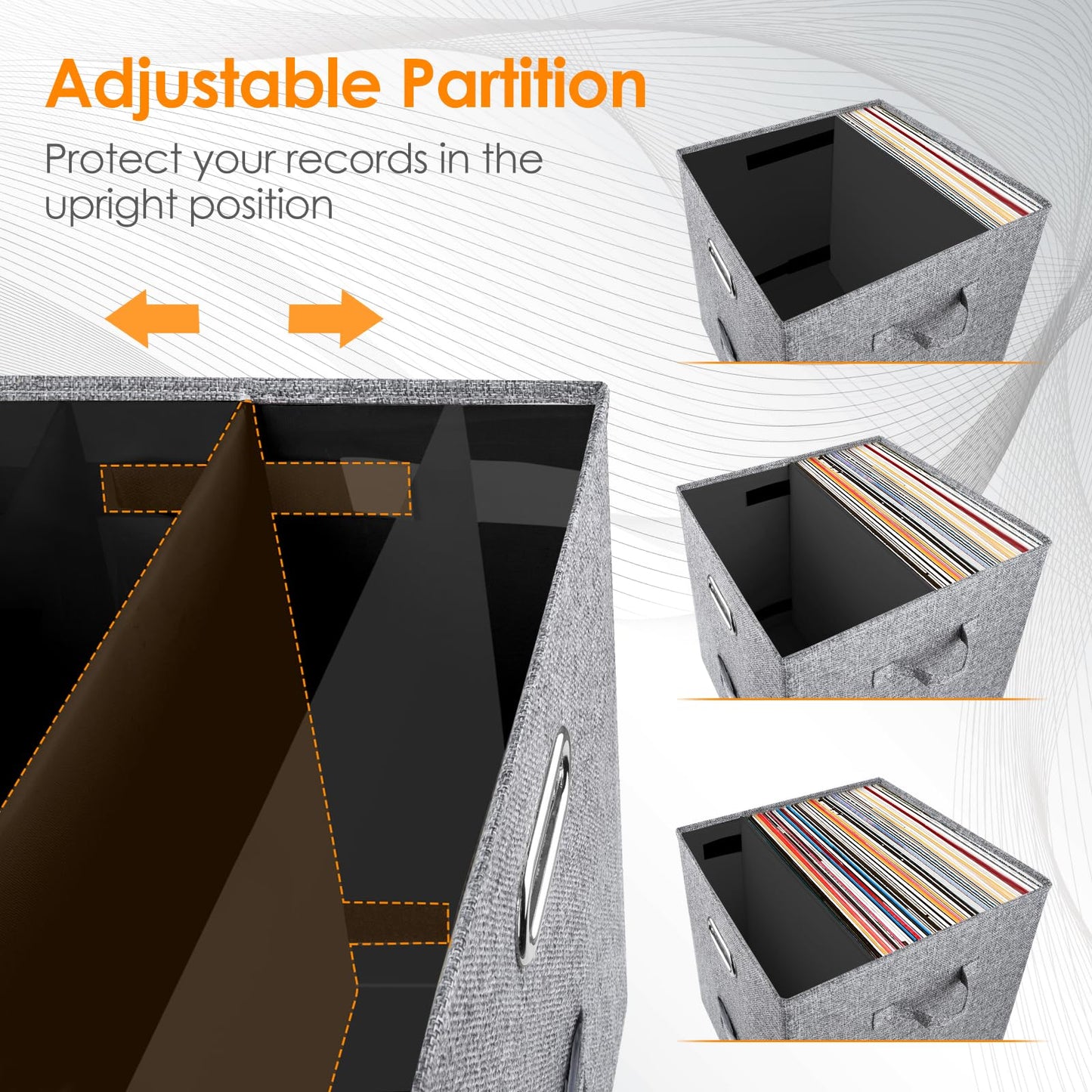 Vinyl Record Storage Box Set of 2 - for 100+ Single LPs (12-Inch), Stackable Albums Linen Crate with Lid, Play Music Collection Holder, Document File Folder Cabinet Organizer Case with Handle