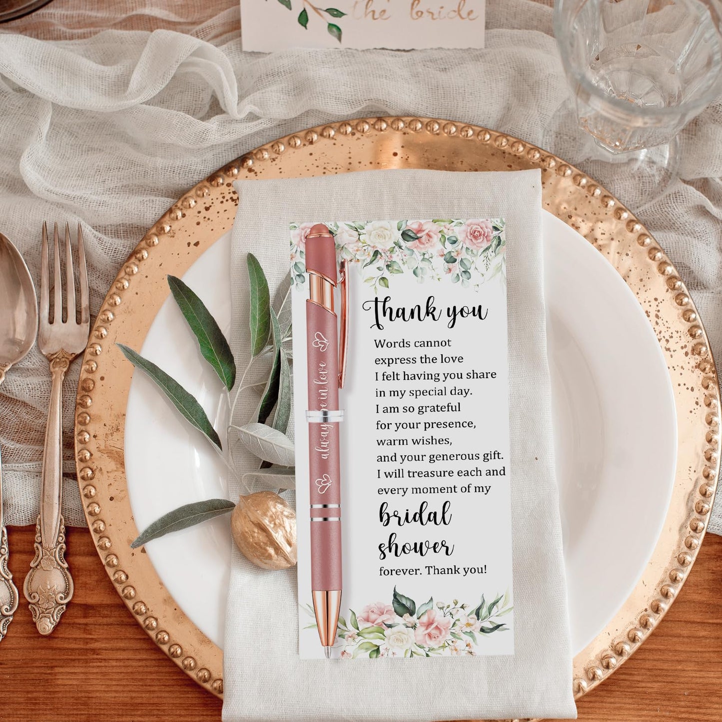 Chiisong 50 Set Bridal Shower Favors for Guests Wedding Rose Gold Pens Bulk with Thank You Cards Bridal Shower Retractable Ballpoint Pen for Guest Party Gifts Prizes Wedding Souvenirs