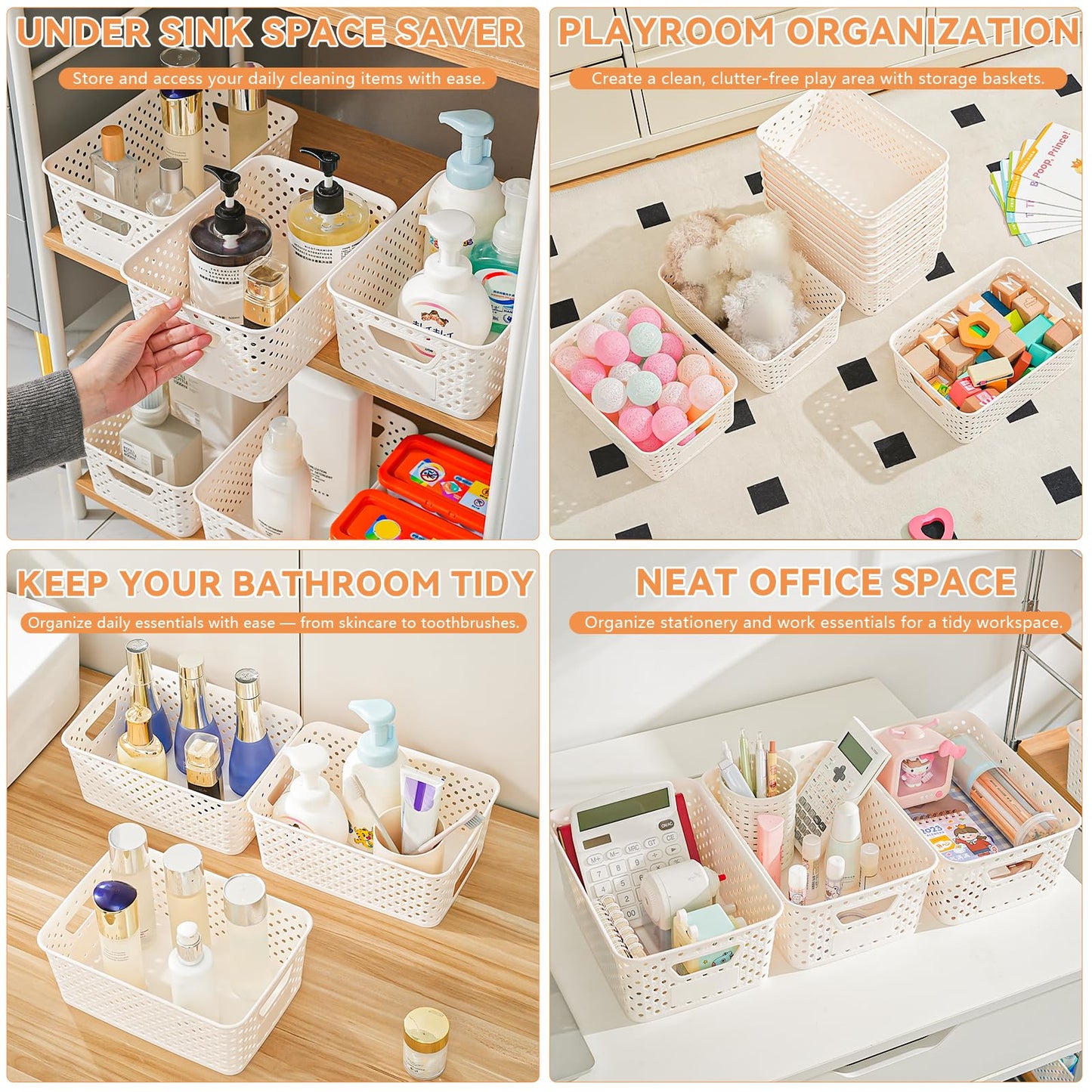 12 Pack Plastic Storage Baskets for Organizing, Storage Baskets for Shelves with Handles, Small Storage Bins with Labels, Organizer Baskets for Cabinet,Closet, Office