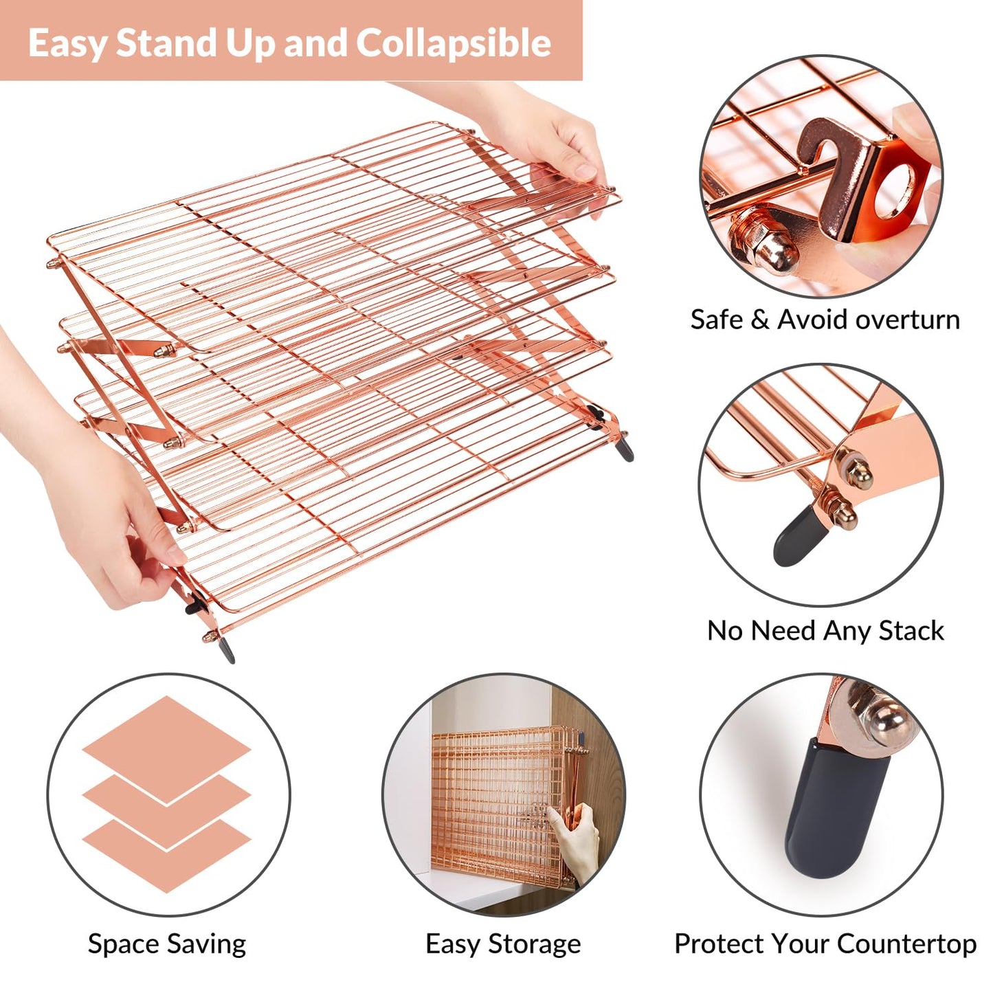 Geesta 2/3/4-Tier Collapsible Cooling Rack with Adjustable 3 Setting Design Stackable Cooling Roasting Cooking for Cookies Baking - Copper Cooking Utensils